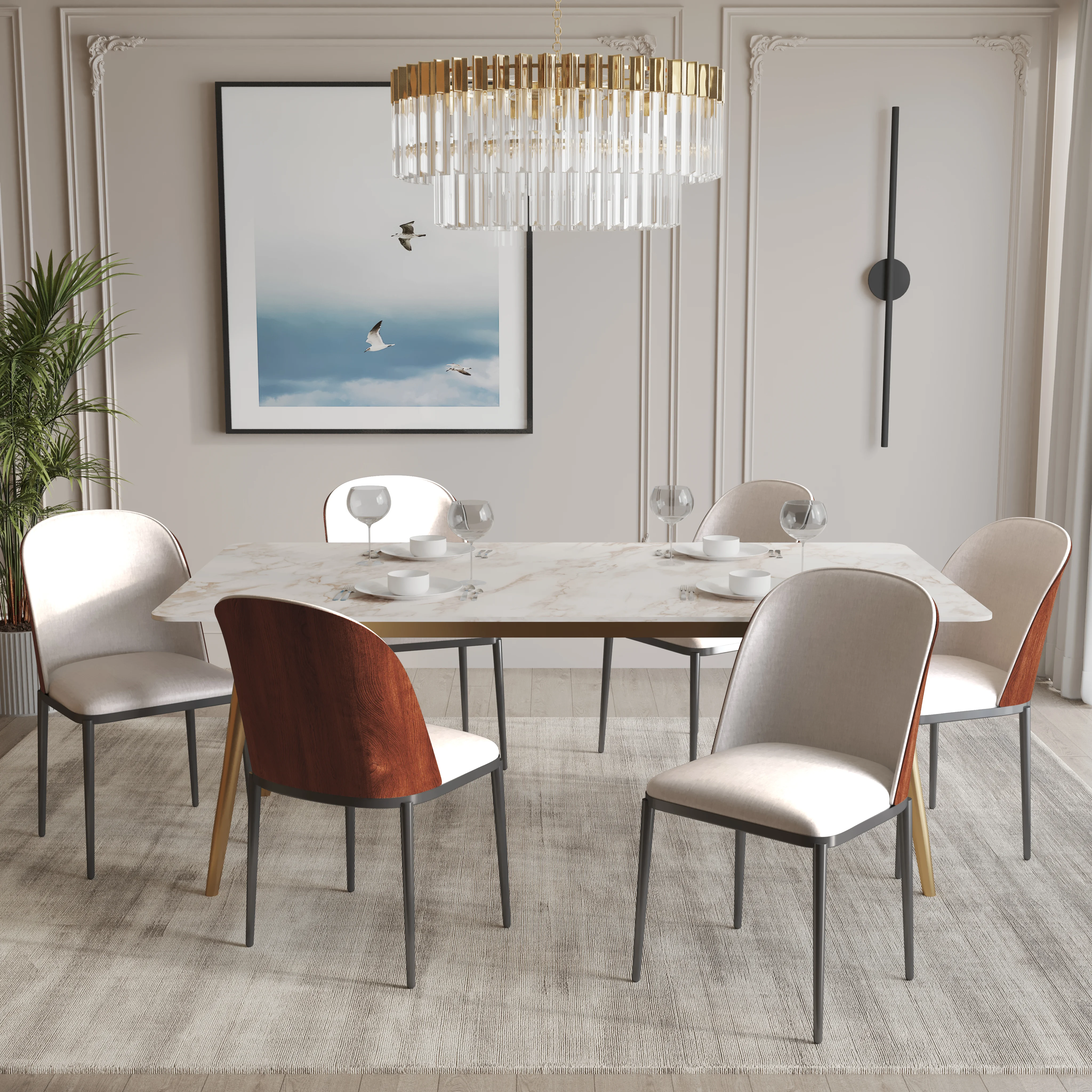 Zayle 7-Piece Dining Set with 55" Rectangular Dining Table in White Grey Sintered Stone Top and 6 Velvet Dining Side Chair in Walnut/Beige