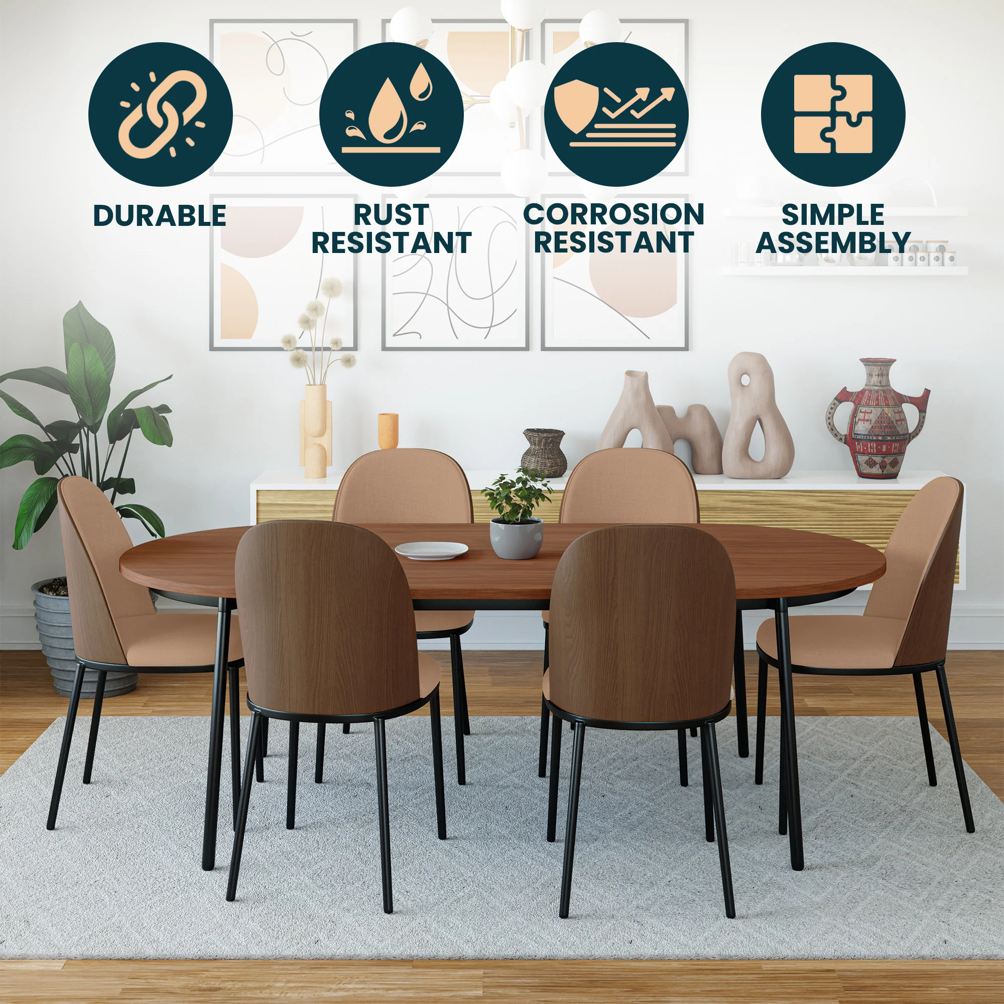 Tule Collection Dining Chair, Walnut Frame With Brown Leather - set of 4