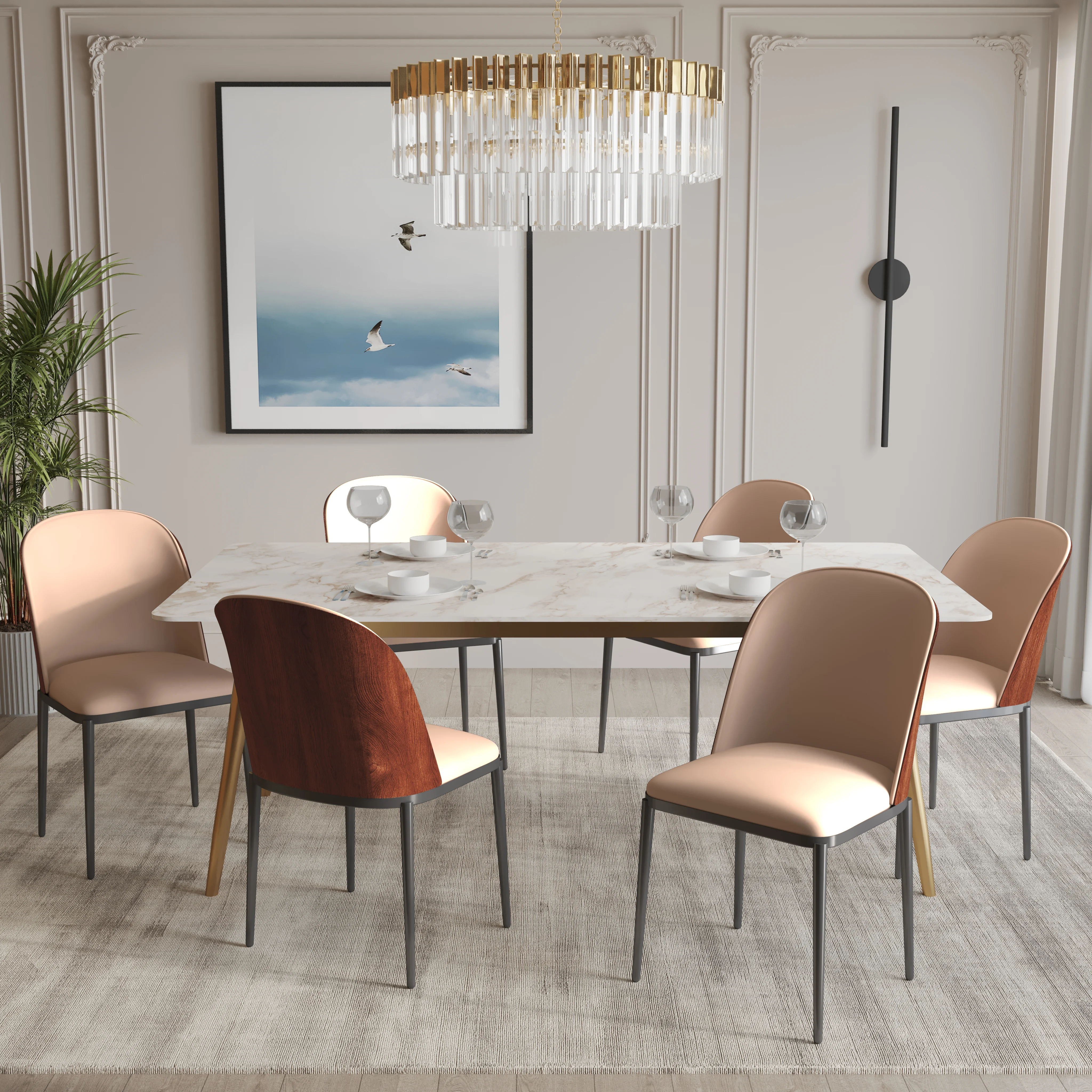 Zayle 7-Piece Dining Set with 55" Rectangular Dining Table in White Grey Sintered Stone Top and 6 Leather Dining Side Chair in Walnut/Brown