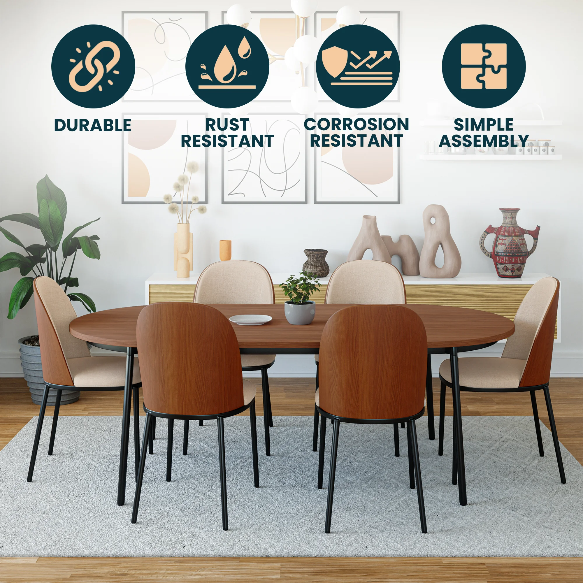 Tule Mid-Century Modern Dining Side Chair with Leather Seat and Powder-Coated Steel Frame for Kitchen and Dining Room