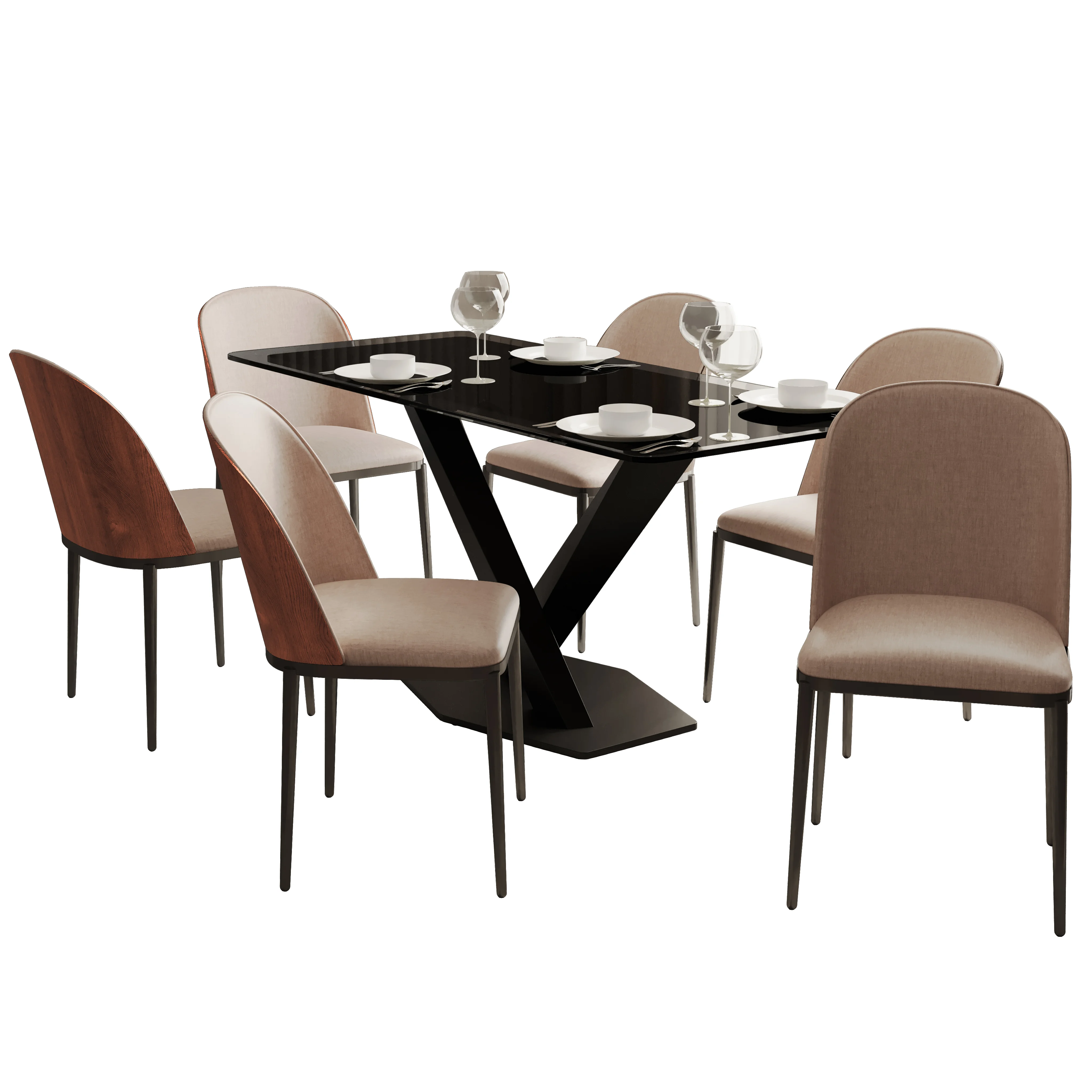Voren 7-Piece Dining Set with 55" Rectangular Dining Table in Black Glass Top and 6 Leather Dining Side Chair in Walnut/Light Brown