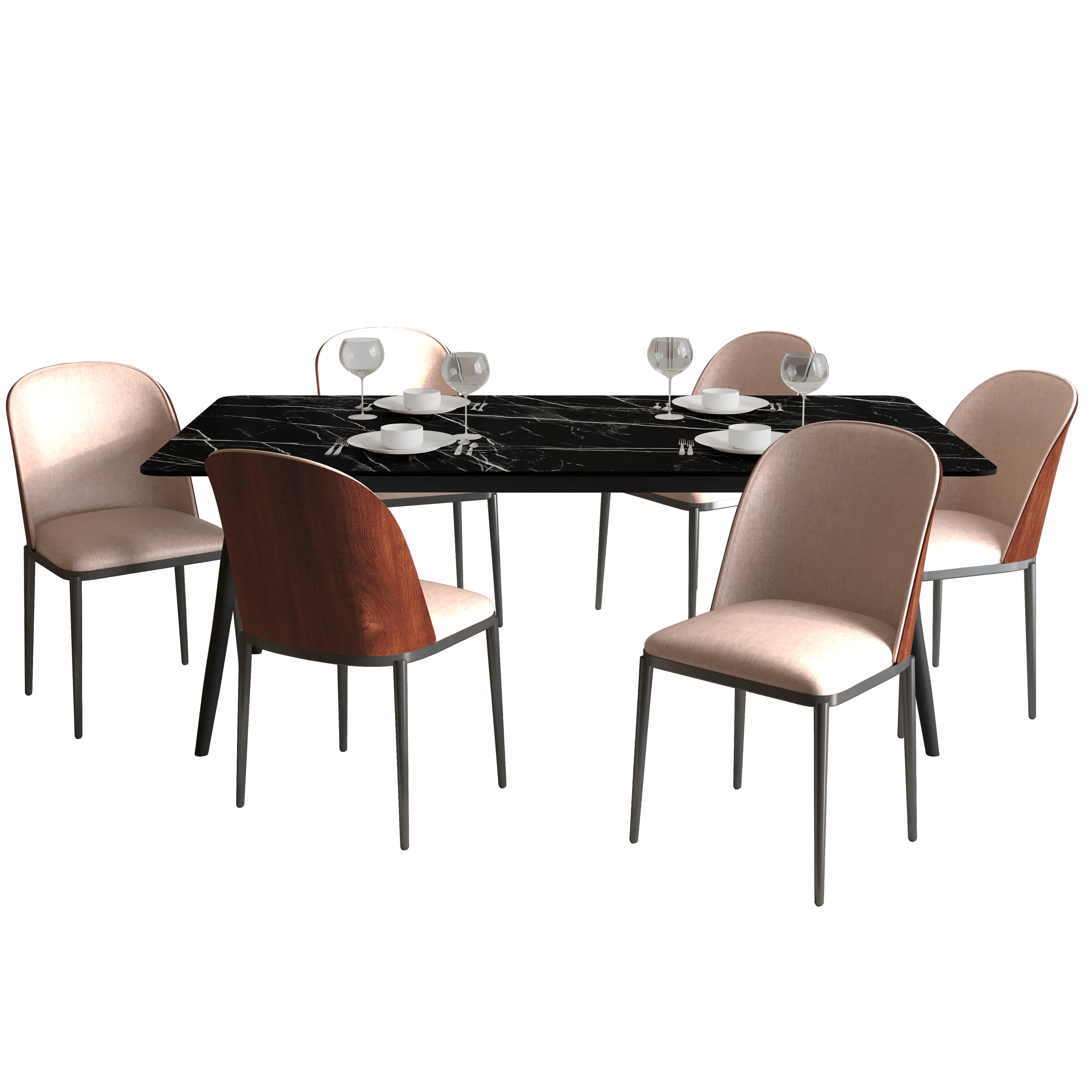 Zayle 7-Piece Dining Set with 55" Rectangular Dining Table in Black/Gold Sintered Stone Top and 6 Leather Dining Side Chair in Walnut/Light Brown