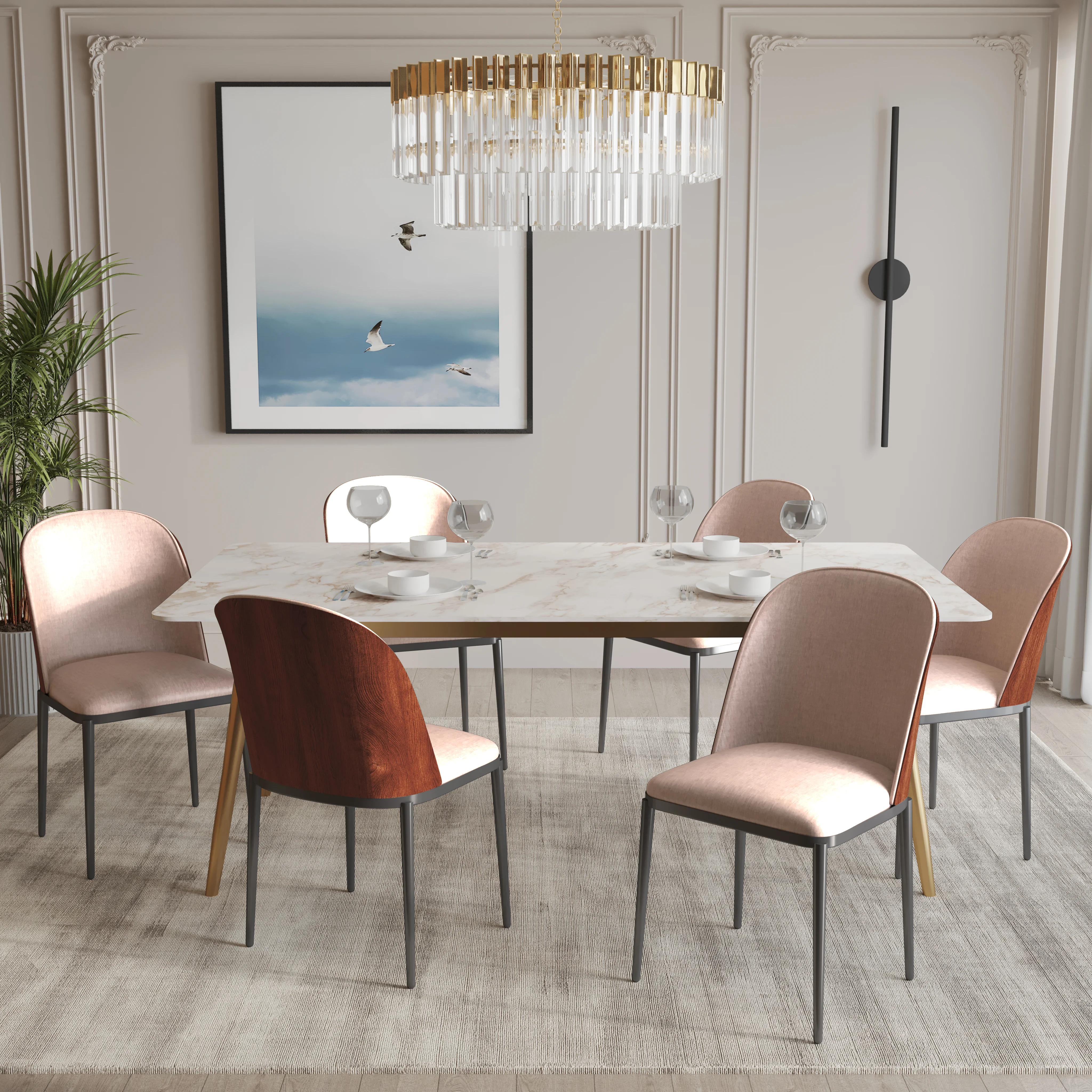 Zayle 7-Piece Dining Set with 55" Rectangular Dining Table in White Grey Sintered Stone Top and 6 Leather Dining Side Chair in Walnut/Light Brown