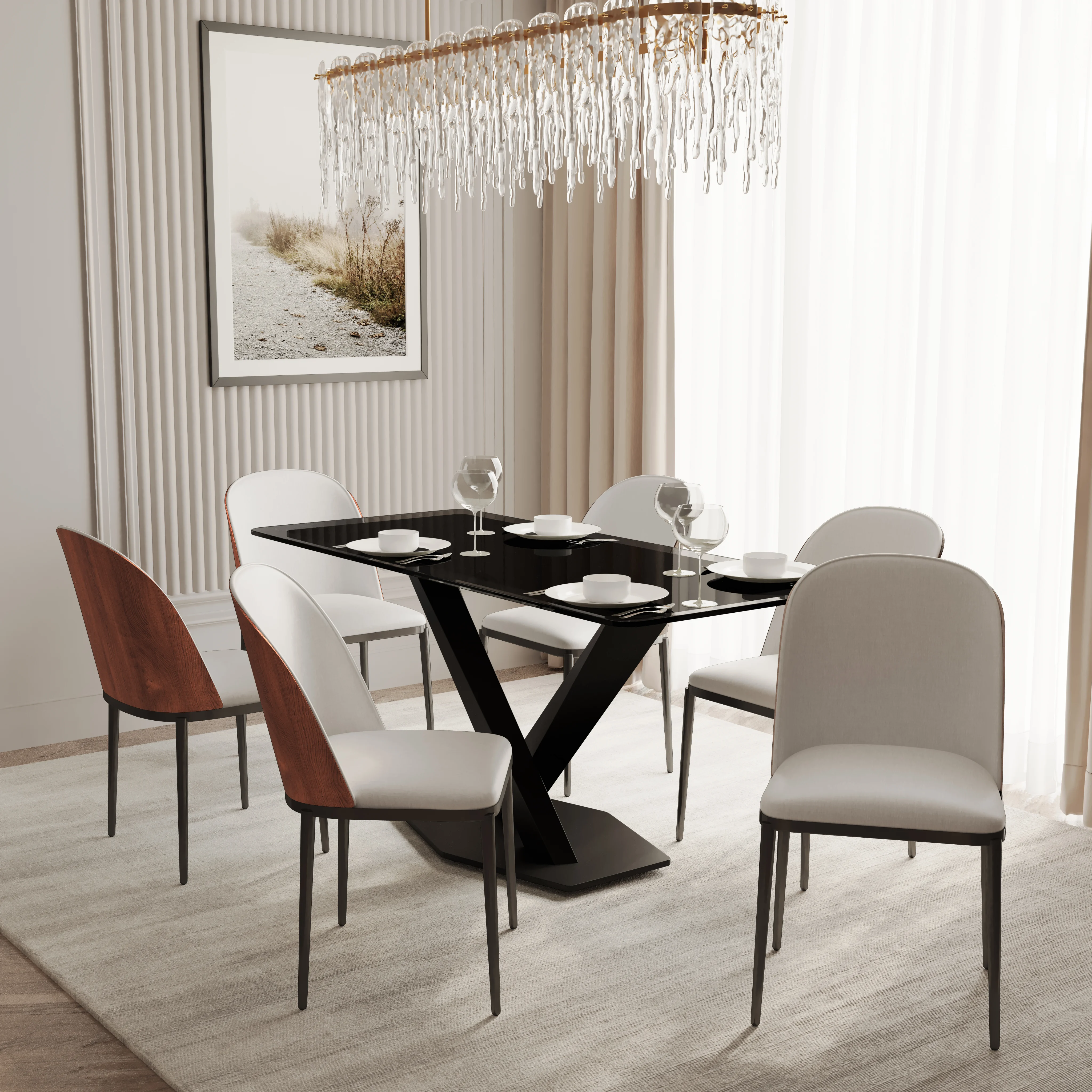 Voren 7-Piece Dining Set with 55" Rectangular Dining Table in Black Glass Top and 6 Leather Dining Side Chair in Walnut/White