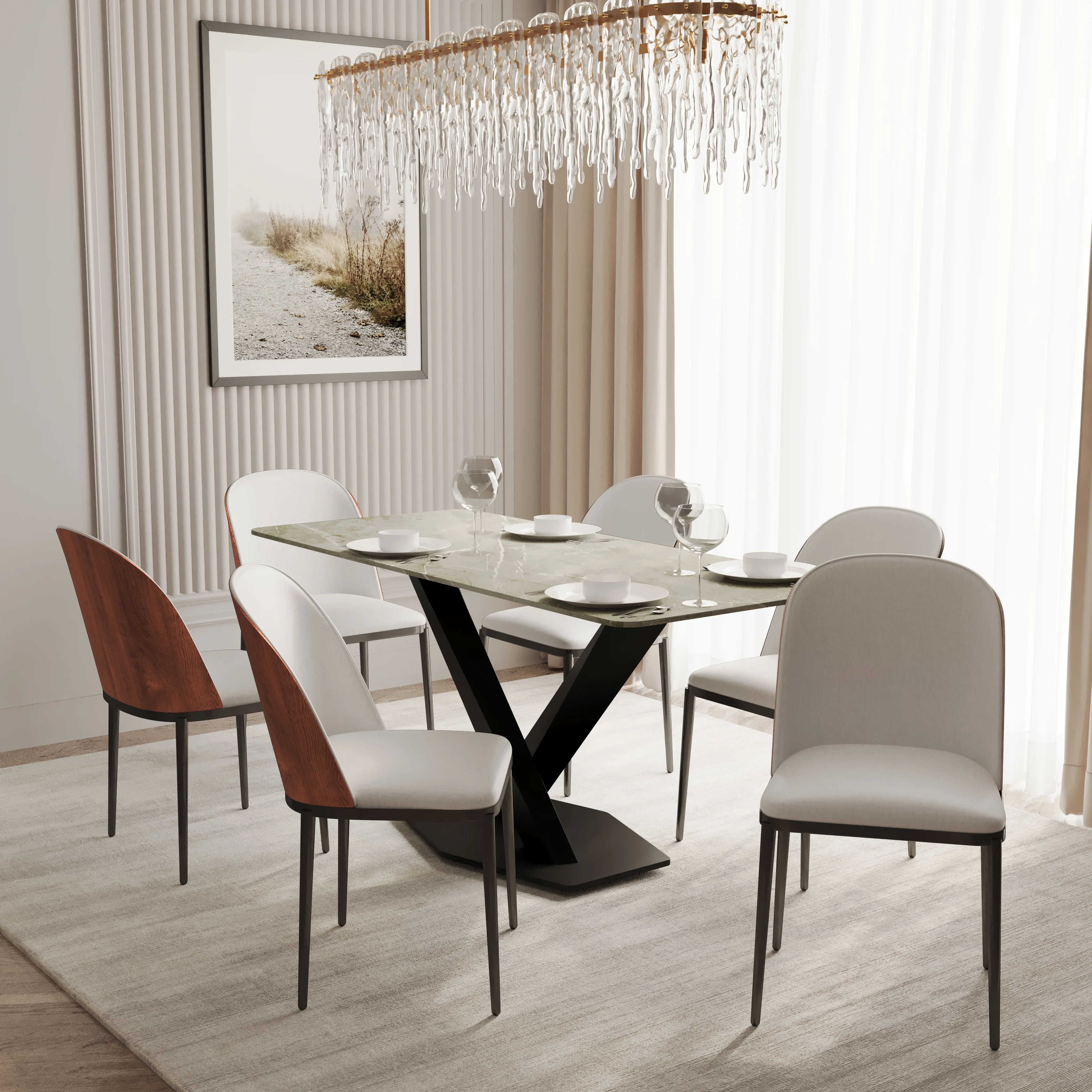 Voren 7-Piece Dining Set with 55" Rectangular Dining Table in Deep Grey Sintered Stone Top and 6 Leather Dining Side Chair in Walnut/White