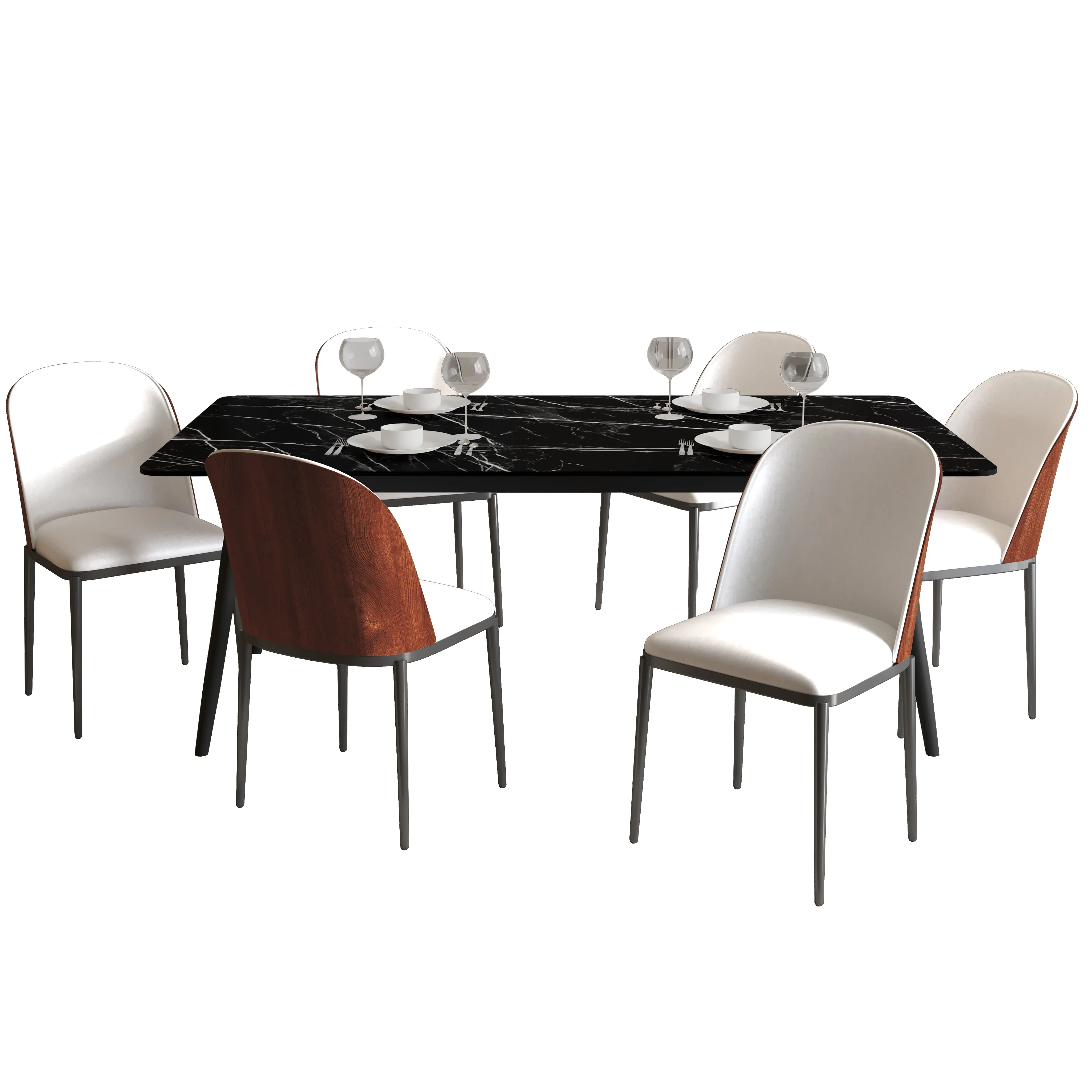 Zayle 7-Piece Dining Set with 55" Rectangular Dining Table in Black/Gold Sintered Stone Top and 6 Leather Dining Side Chair in Walnut/White