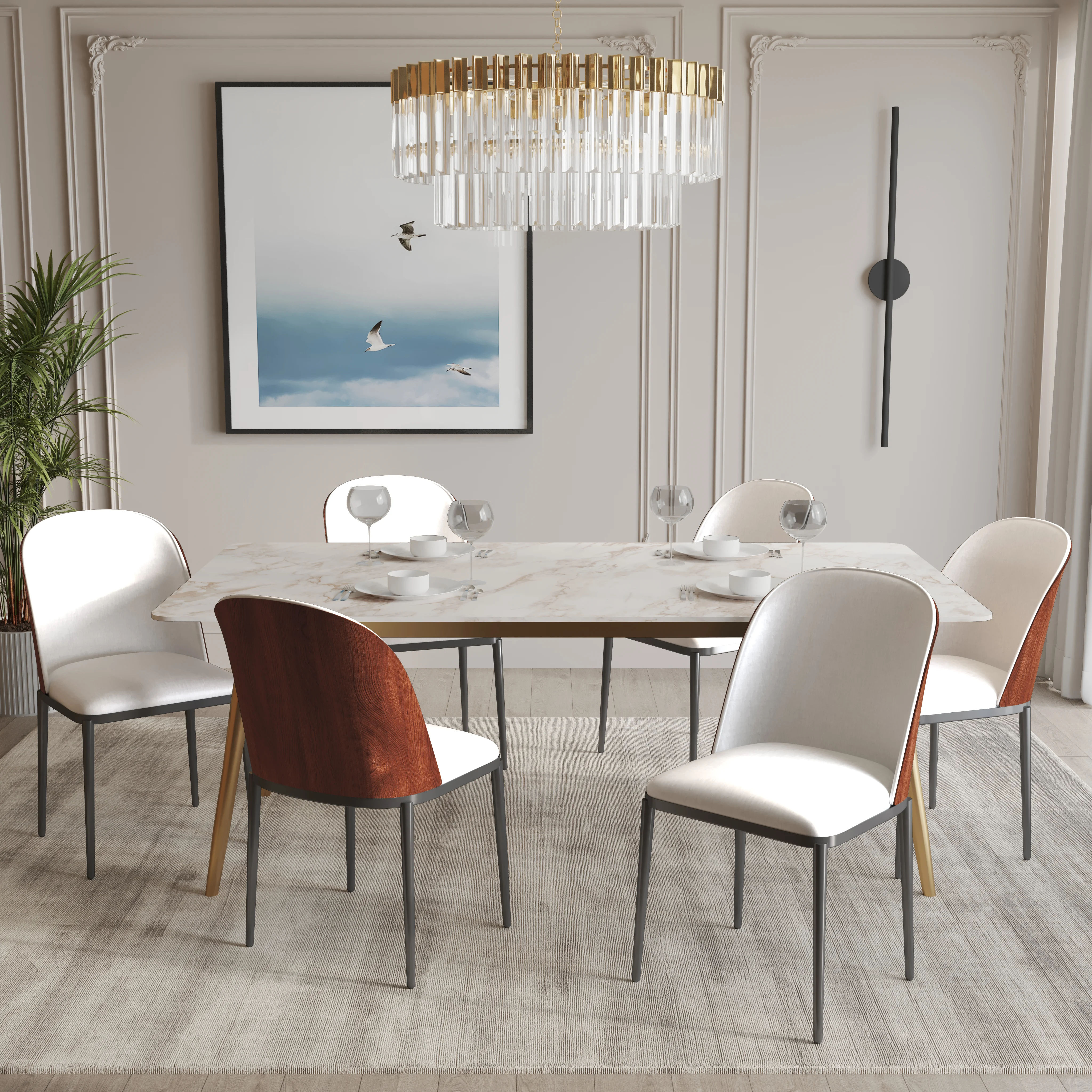 Zayle 7-Piece Dining Set with 55" Rectangular Dining Table in White Grey Sintered Stone Top and 6 Leather Dining Side Chair in Walnut/White
