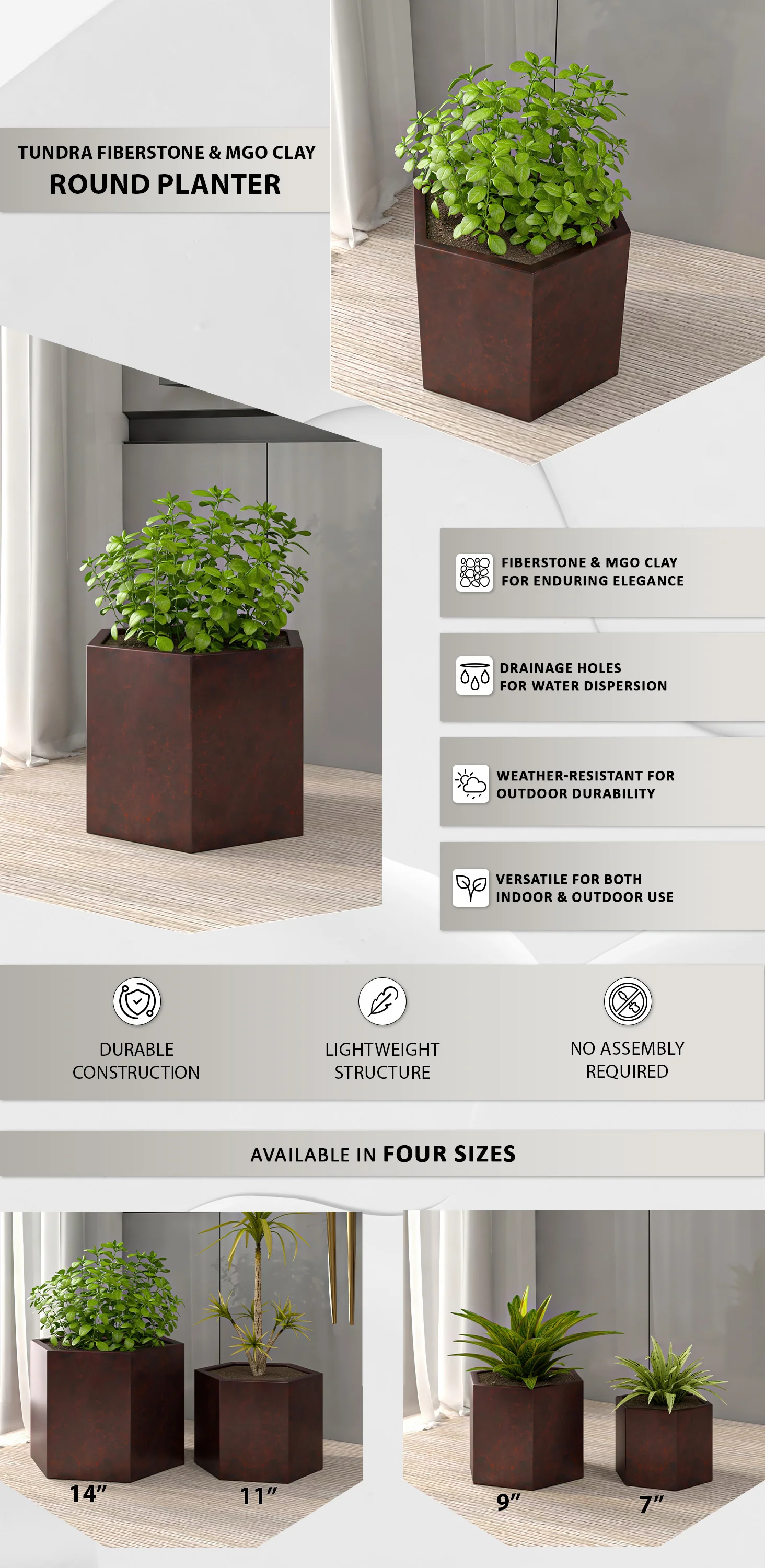 Thicket Series Poly Stone Planter in Brown 14 High