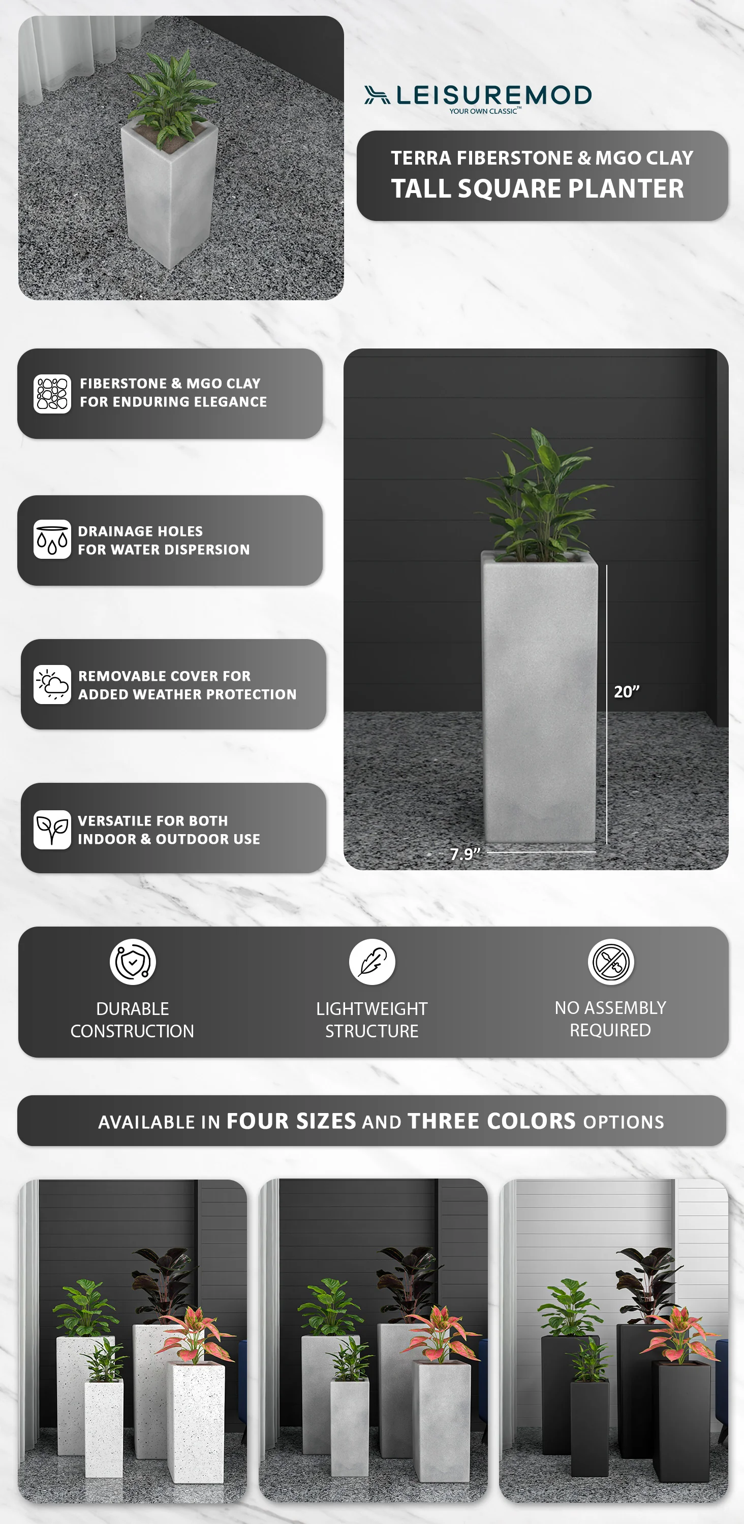 Terra Series Poly Stone Planter in Aged Concrete 7.9" x 7.9" 19.7" High