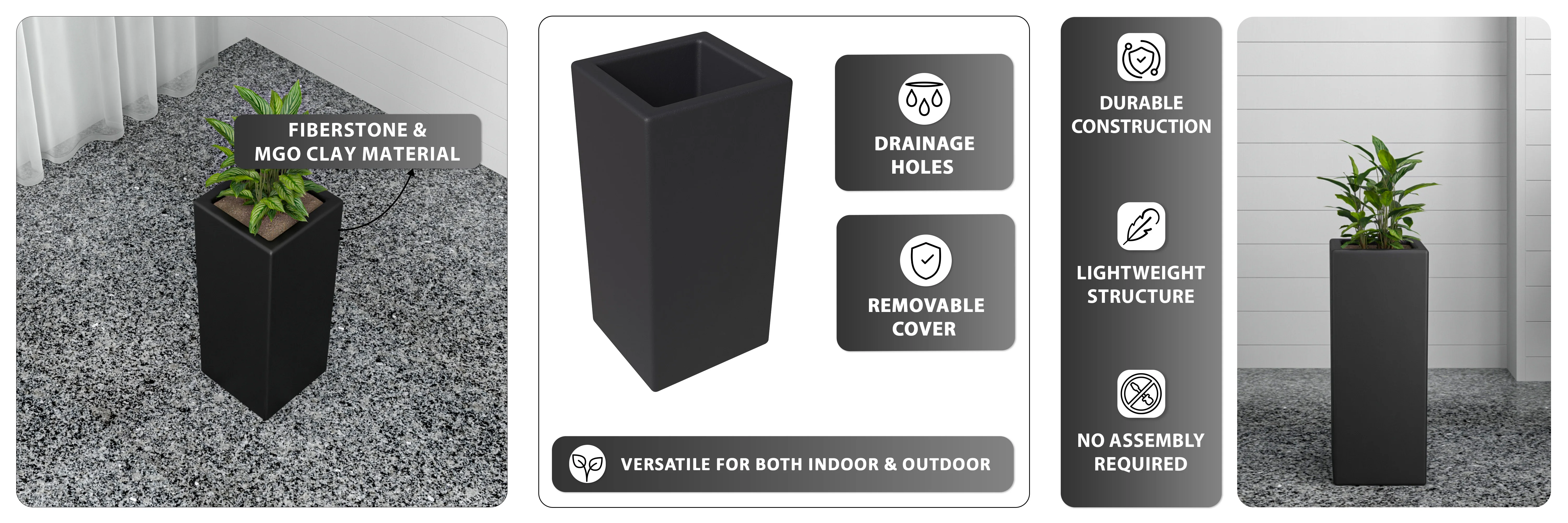 Terra Series Poly Stone Planter in Black 7.9" x 7.9" 19.7" High