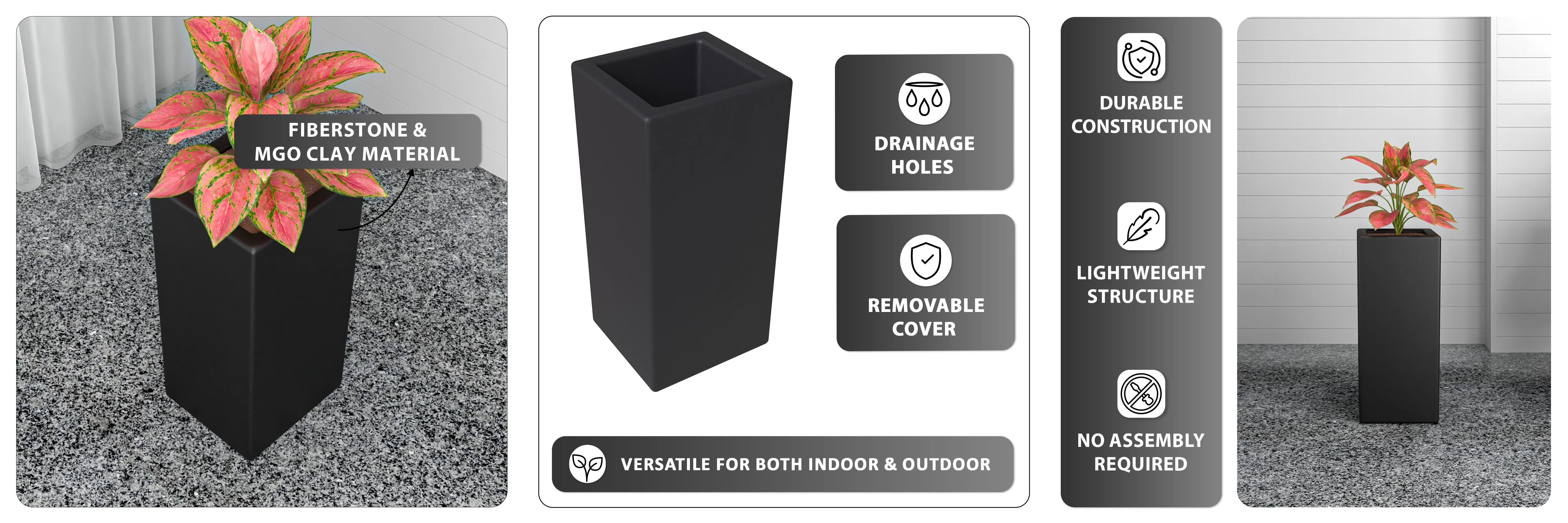 Terra Series Poly Stone Planter in Black 10.2" x 10.2" 23.6" High