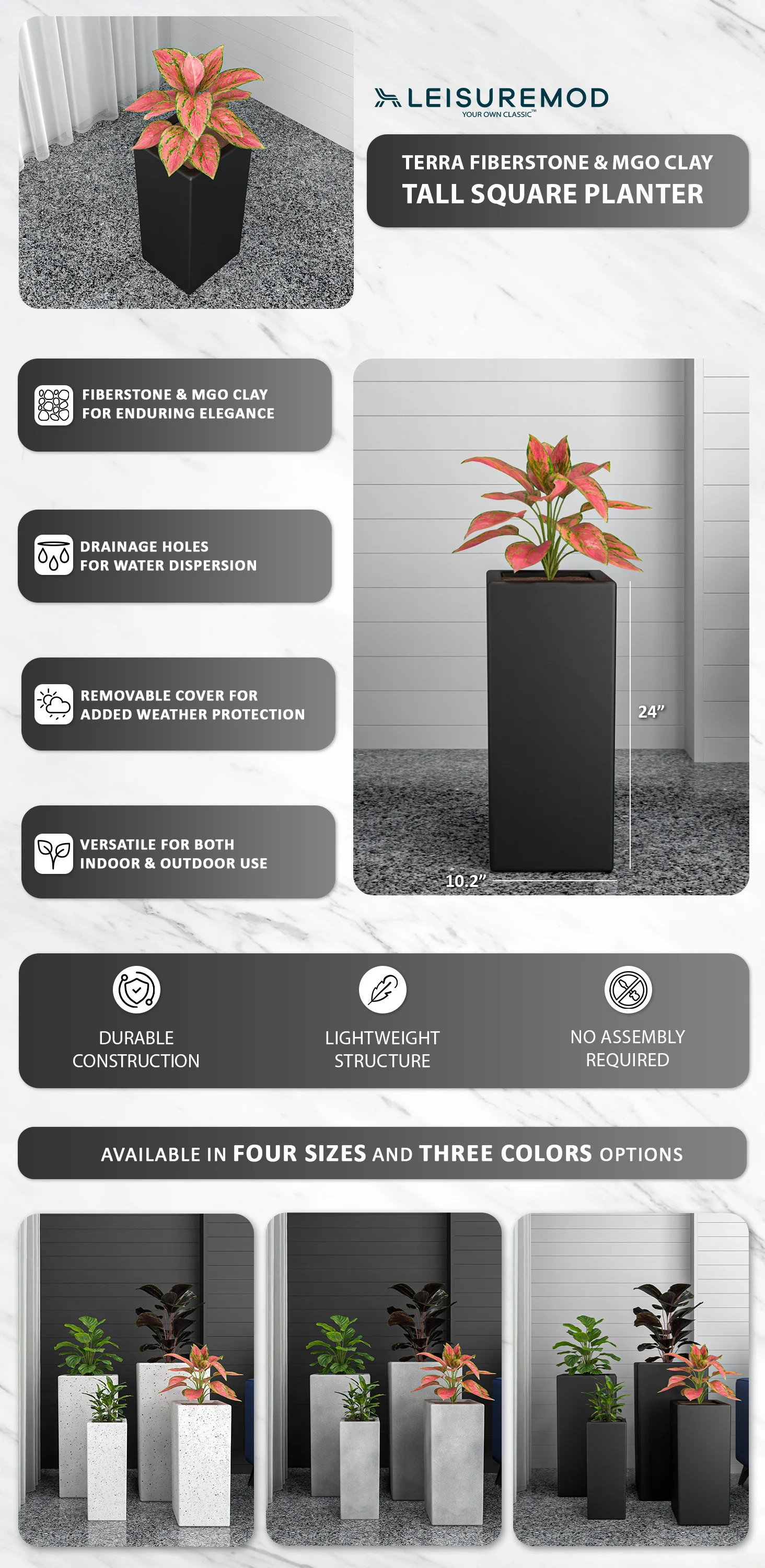 Terra Series Poly Stone Planter in Black 10.2" x 10.2" 23.6" High