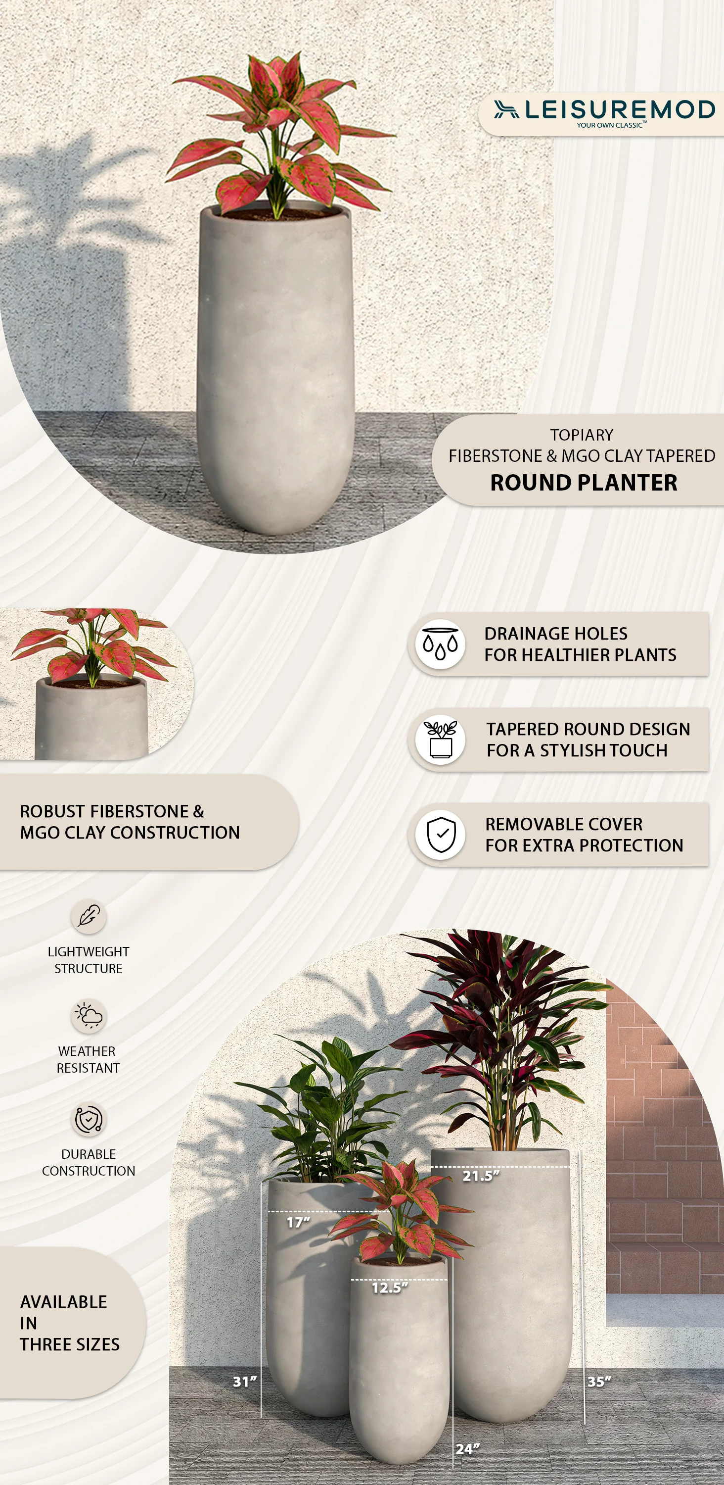 Topiary Series Poly Stone Planter in Dark Grey 11.4 Dia, 23.6 High
