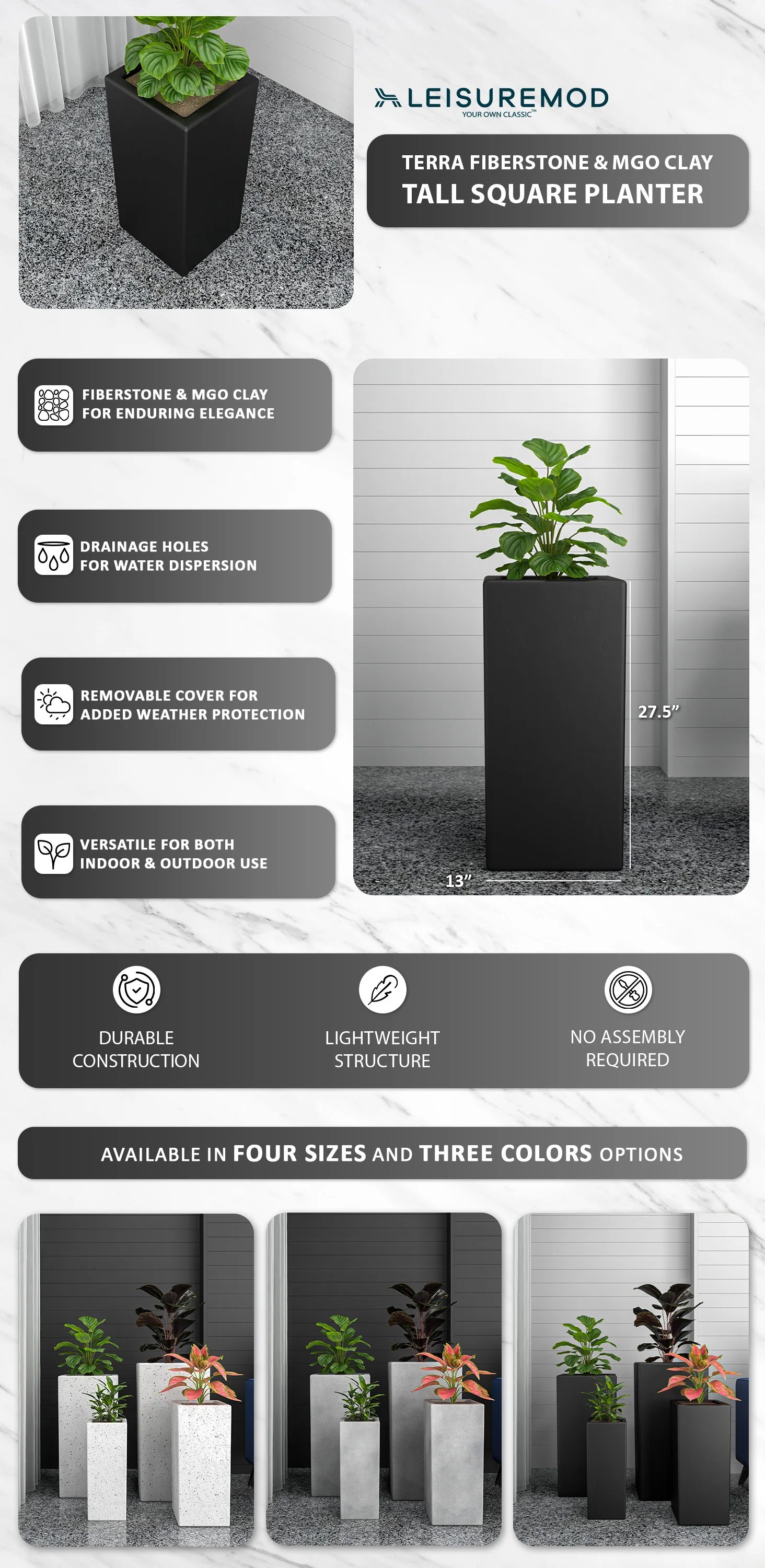 Terra Series Poly Stone Planter in Black 13" x 13" 27.6" High