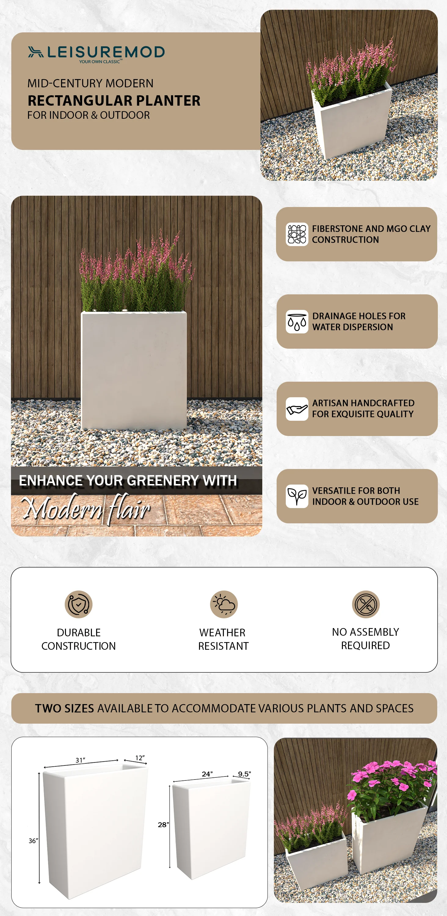 Thistle Series Poly Stone Planter in White 15" Dia 8" high