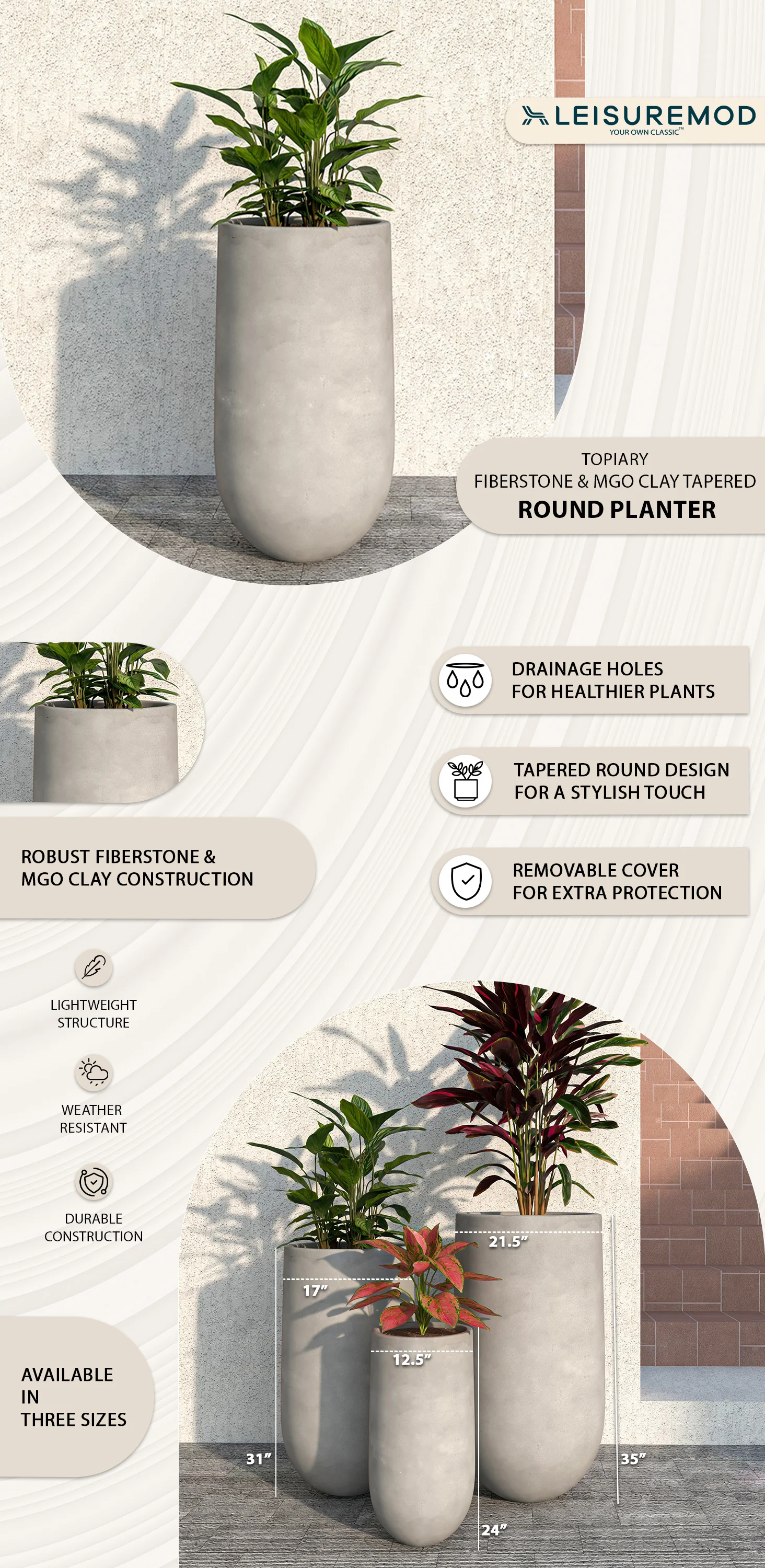 Topiary Series Poly Stone Planter in Dark Grey 16 Dia, 31.5 High