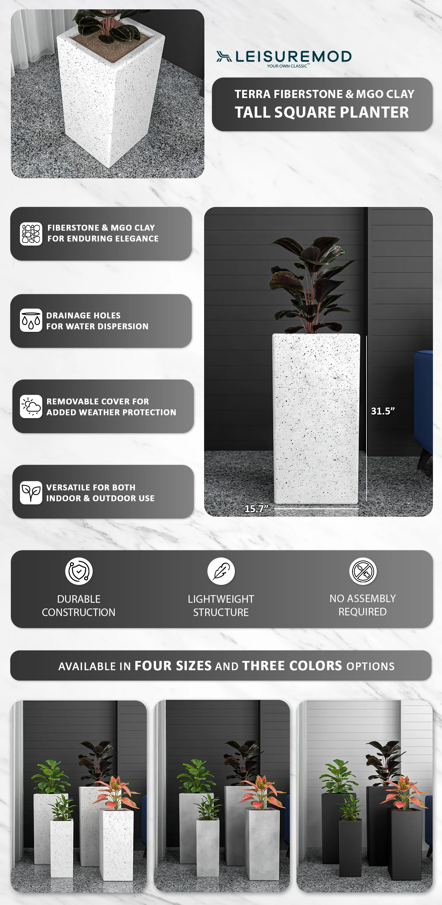 Terra Series Poly Stone Planter in Dotted White 15" x 15" 31.5" High