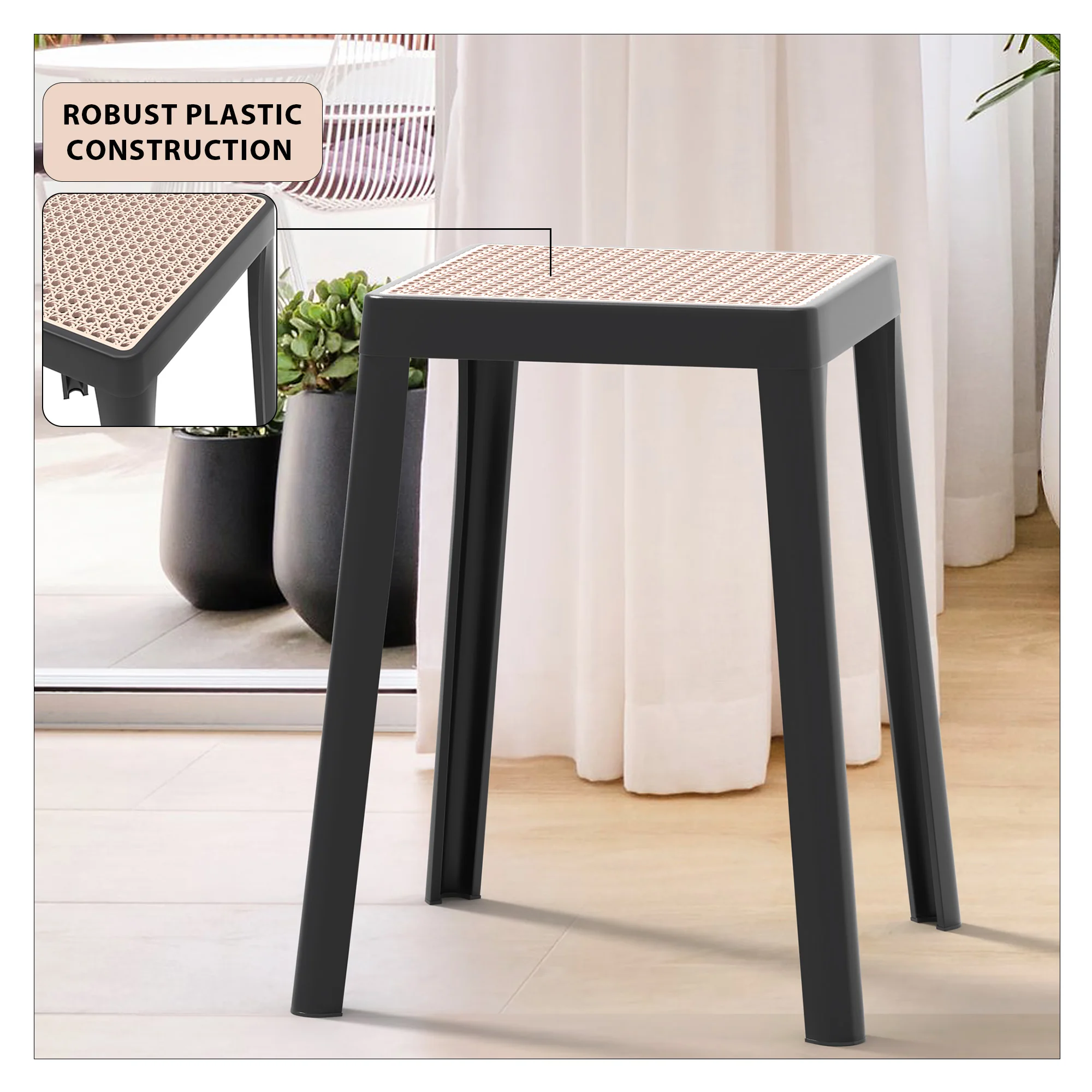 Tresse Series Stackable Poly Stool With Wicker Top 12 in Black