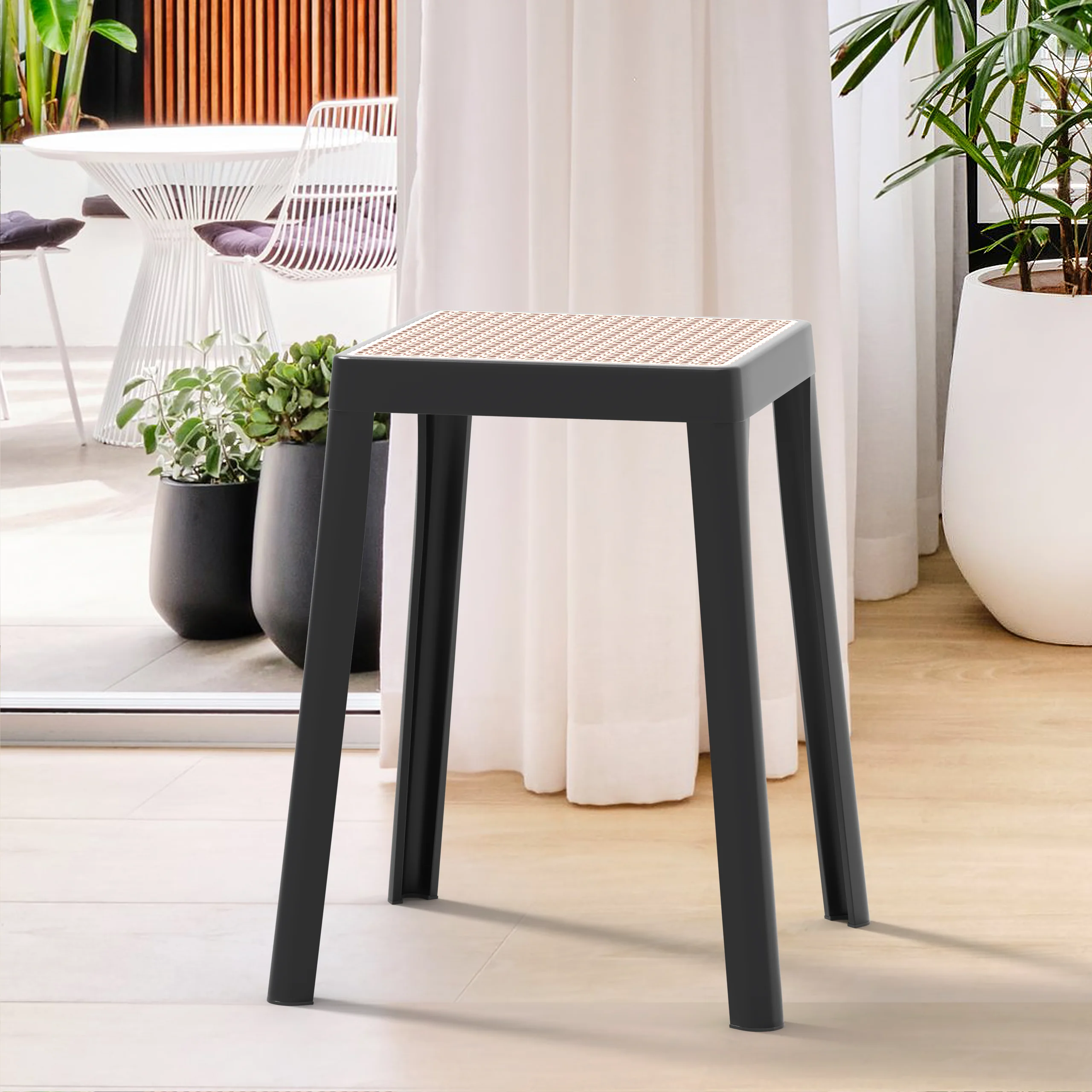 Tresse Series Stackable Poly Stool With Wicker Top 12 in Black