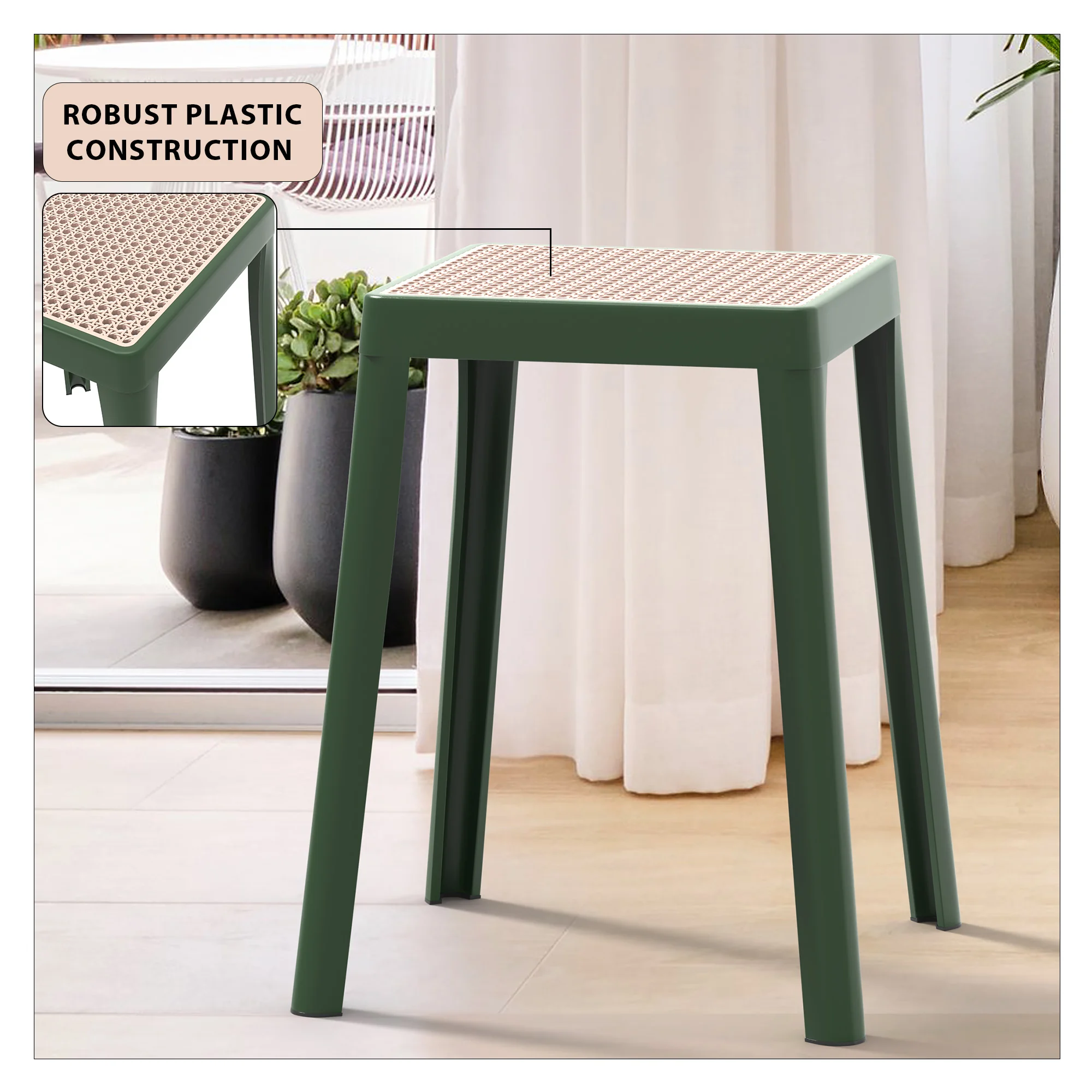 Tresse Series Stackable Poly Stool With Wicker Top 12 in Green