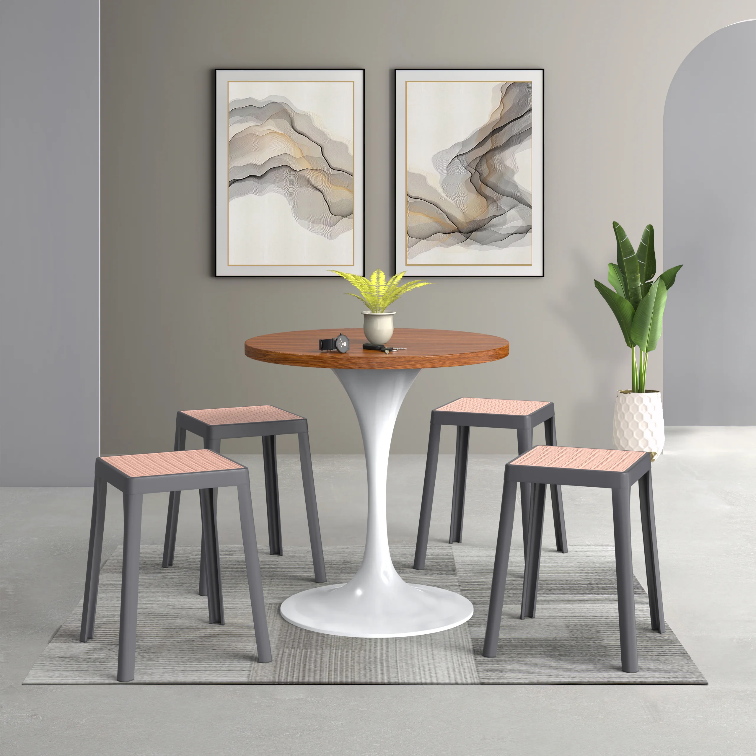 Tresse Series Stackable Poly Stool With Wicker Top 12 in Grey