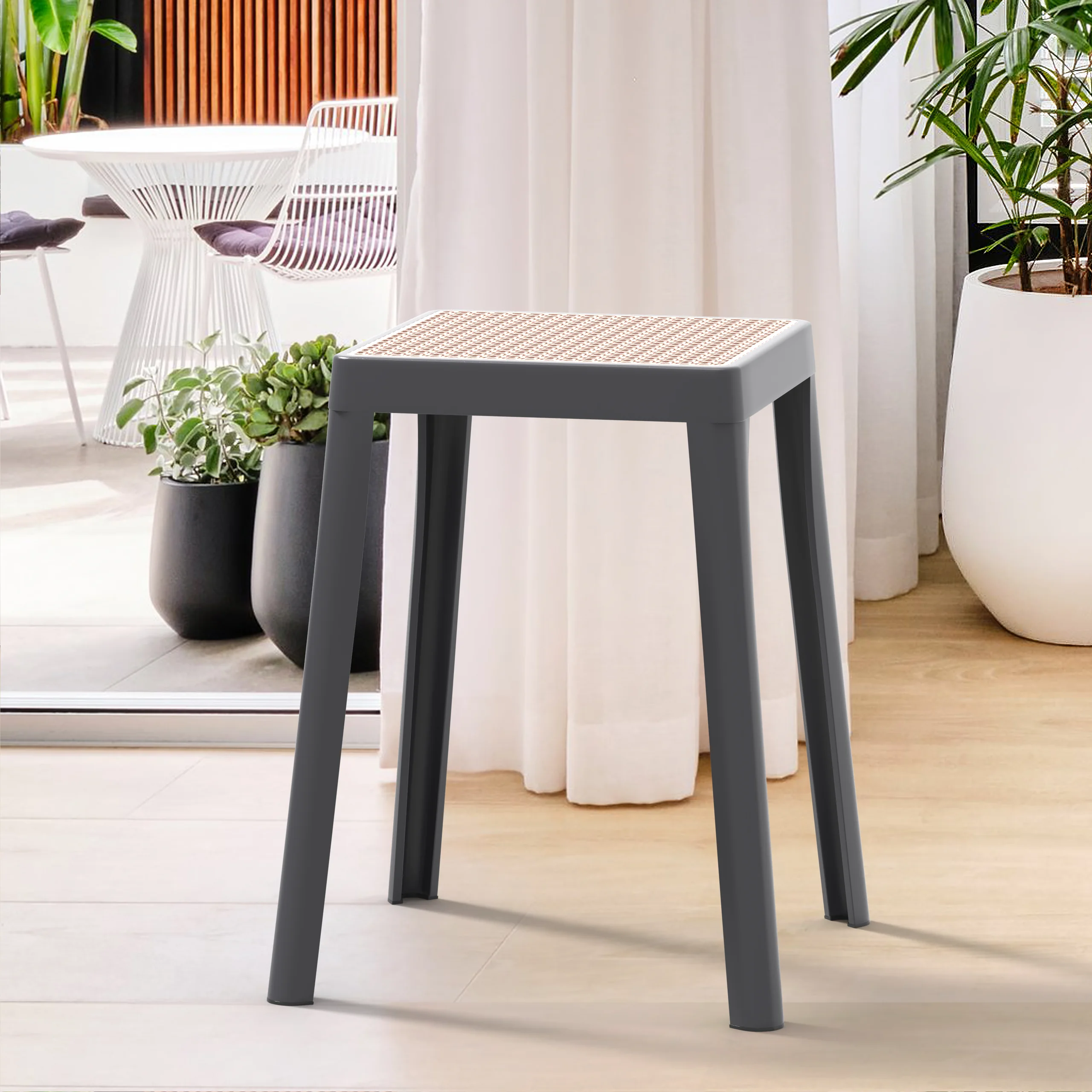 Tresse Series Stackable Poly Stool With Wicker Top 12 in Grey