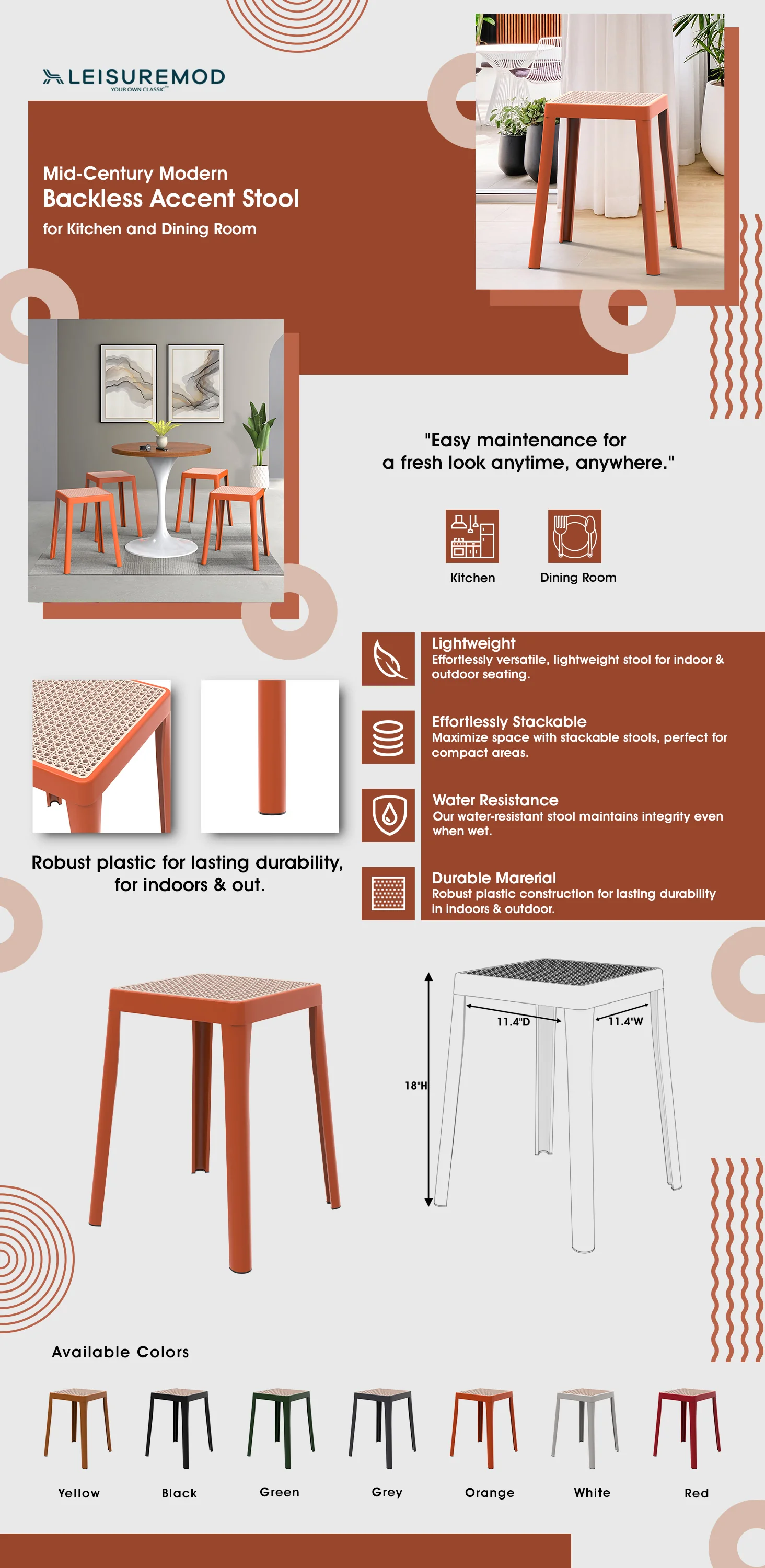 Tresse Series Stackable Poly Stool With Wicker Top 12 in Orange