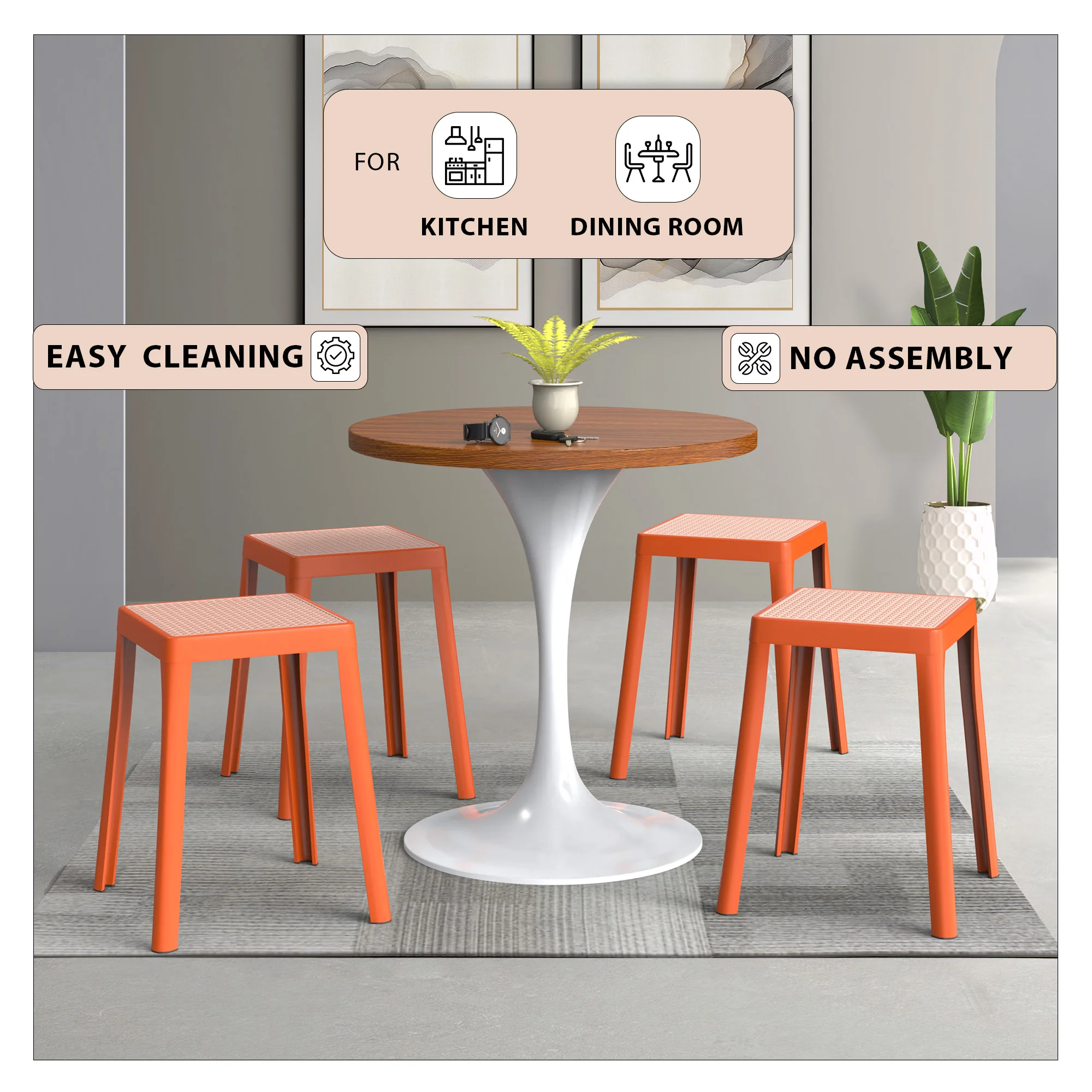 Tresse Series Stackable Poly Stool With Wicker Top 12 in Orange