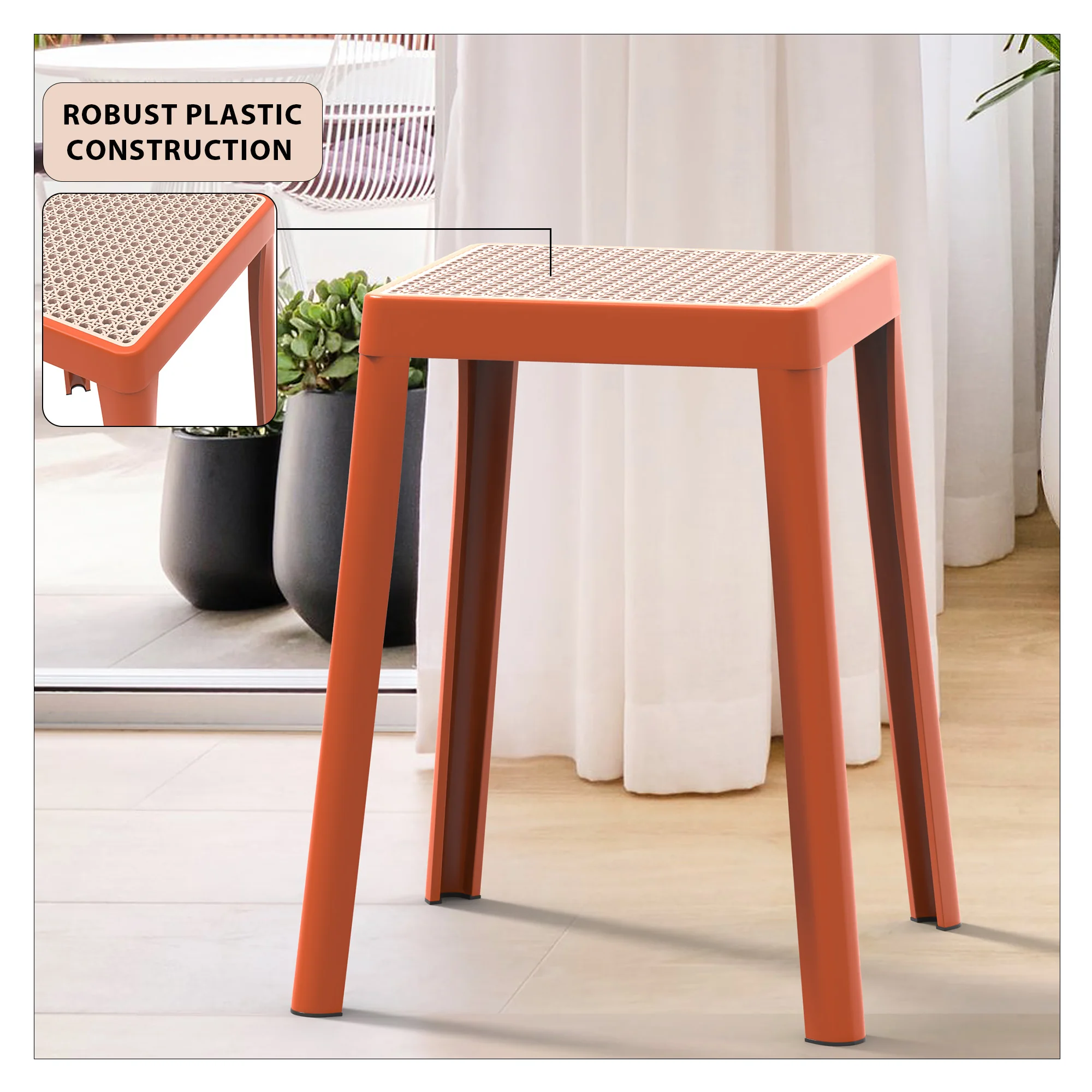 Tresse Series Stackable Poly Stool With Wicker Top 12 in Orange