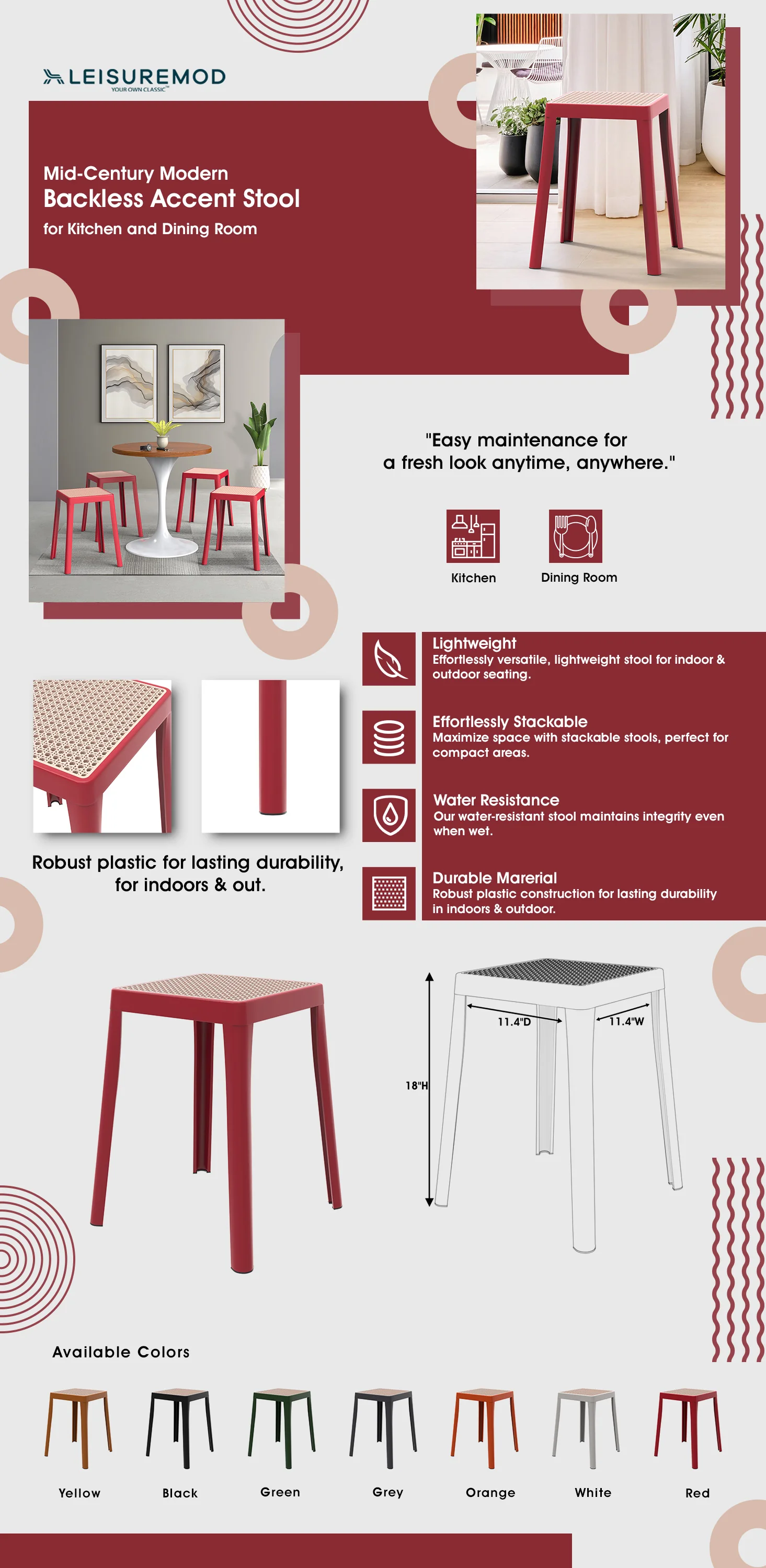 Tresse Series Stackable Poly Stool With Wicker Top 12 in Red