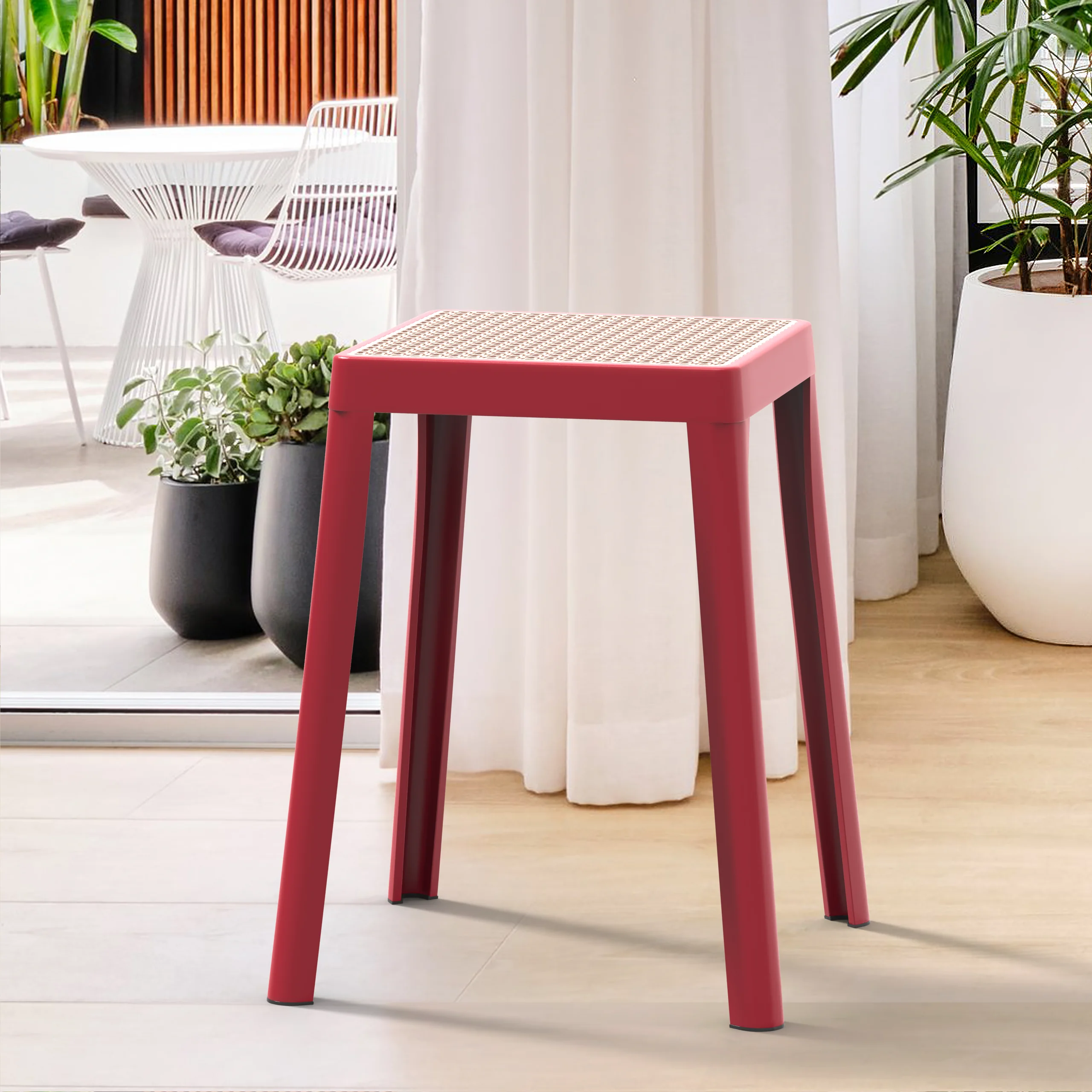 Tresse Series Stackable Poly Stool With Wicker Top 12 in Red
