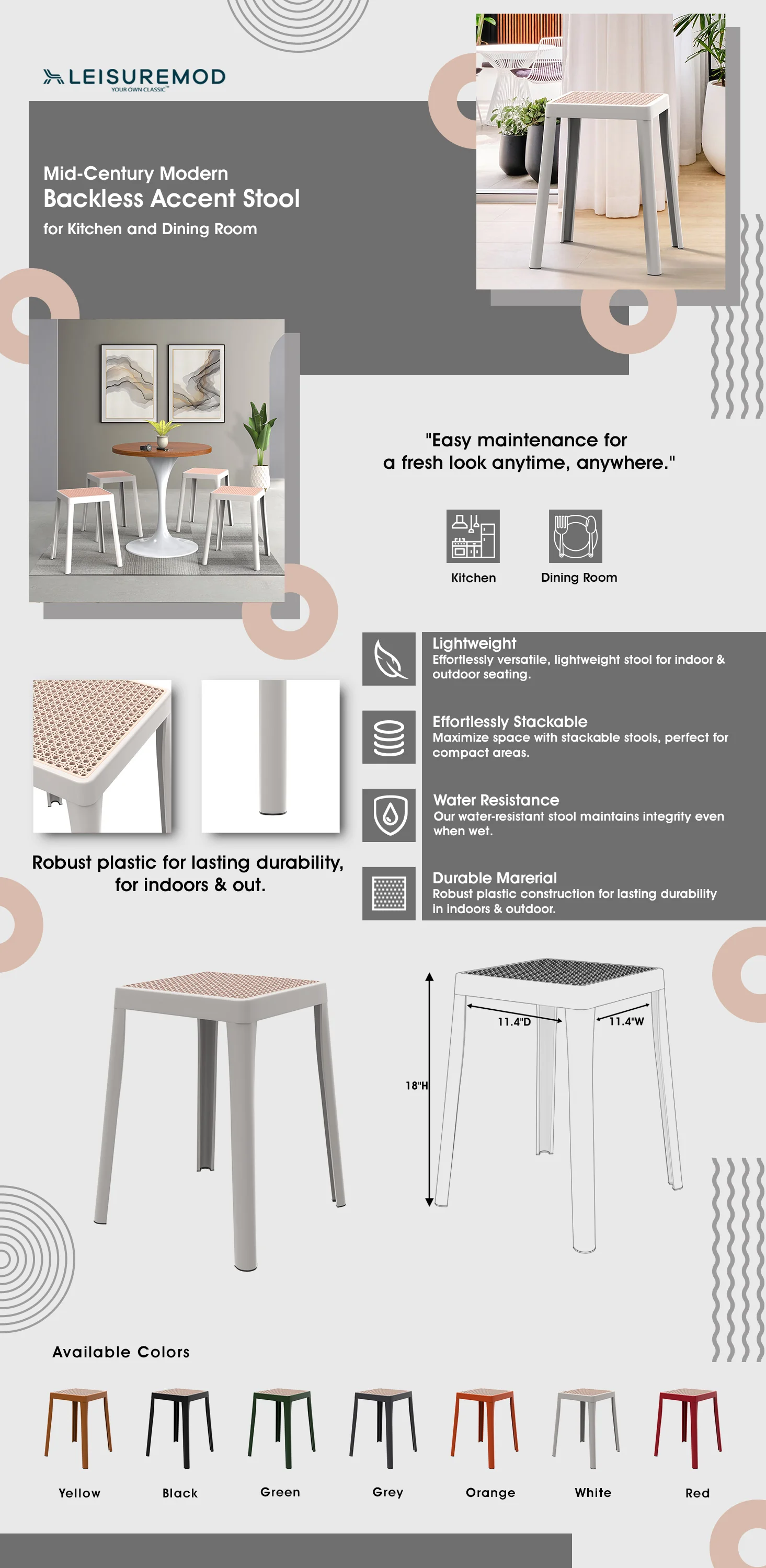 Tresse Series Stackable Poly Stool With Wicker Top 12 in White