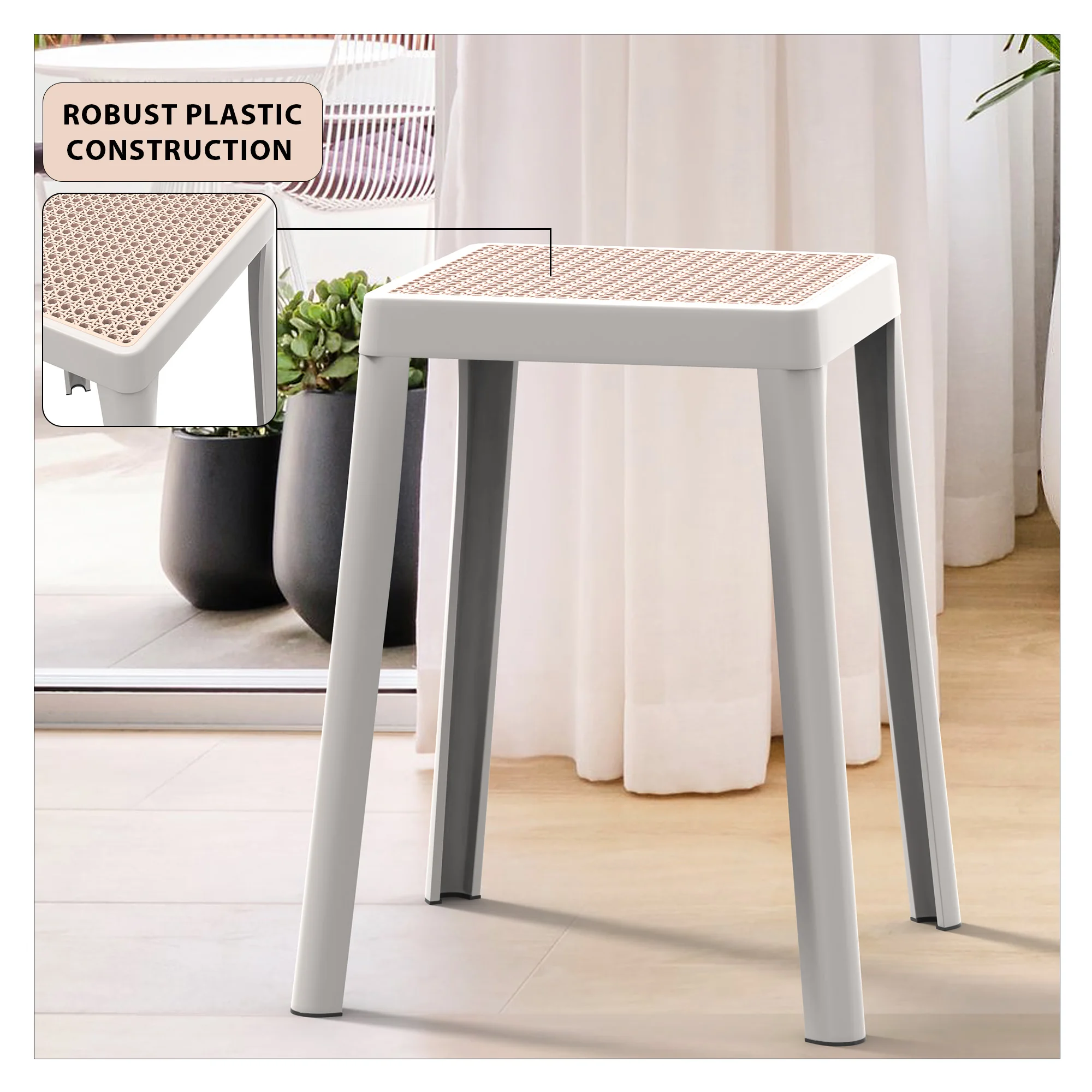 Tresse Series Stackable Poly Stool With Wicker Top 12 in White