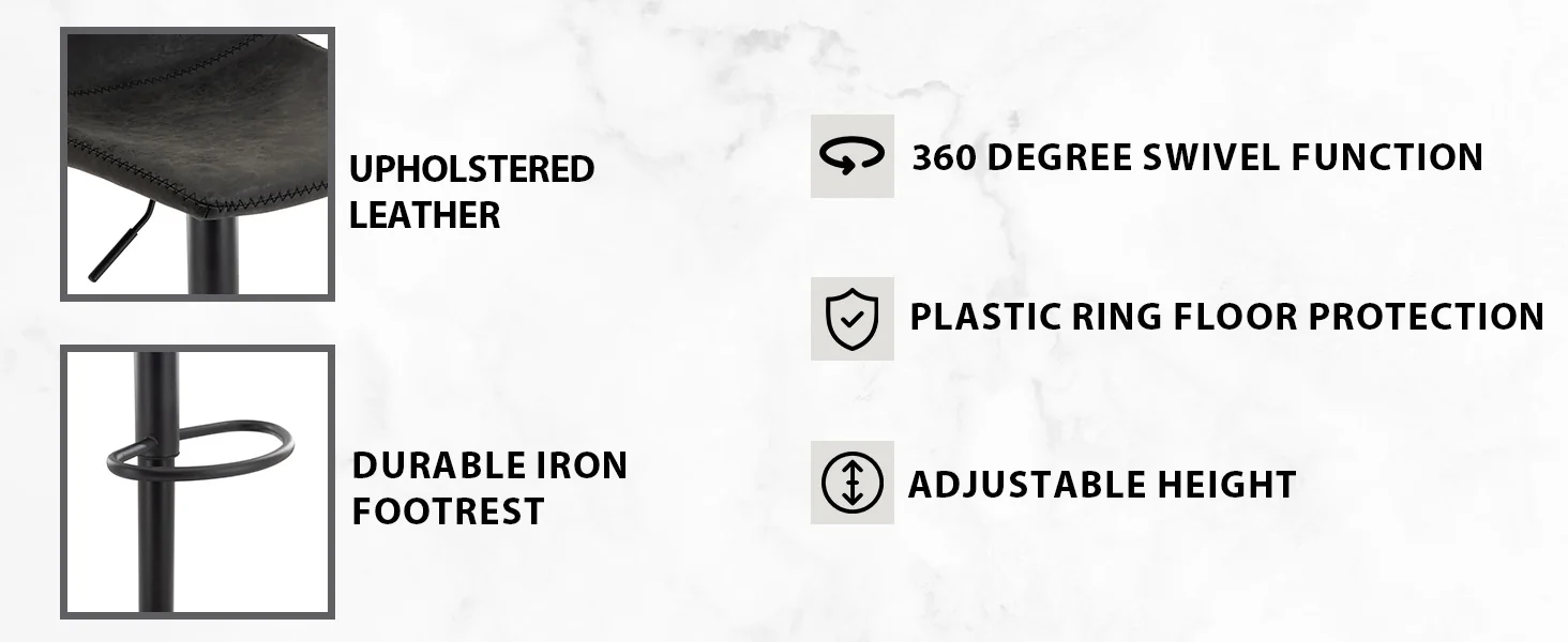 Tilbury Modern Adjustable Bar Stool With Footrest & 360-Degree Swivel in Charcoal Black