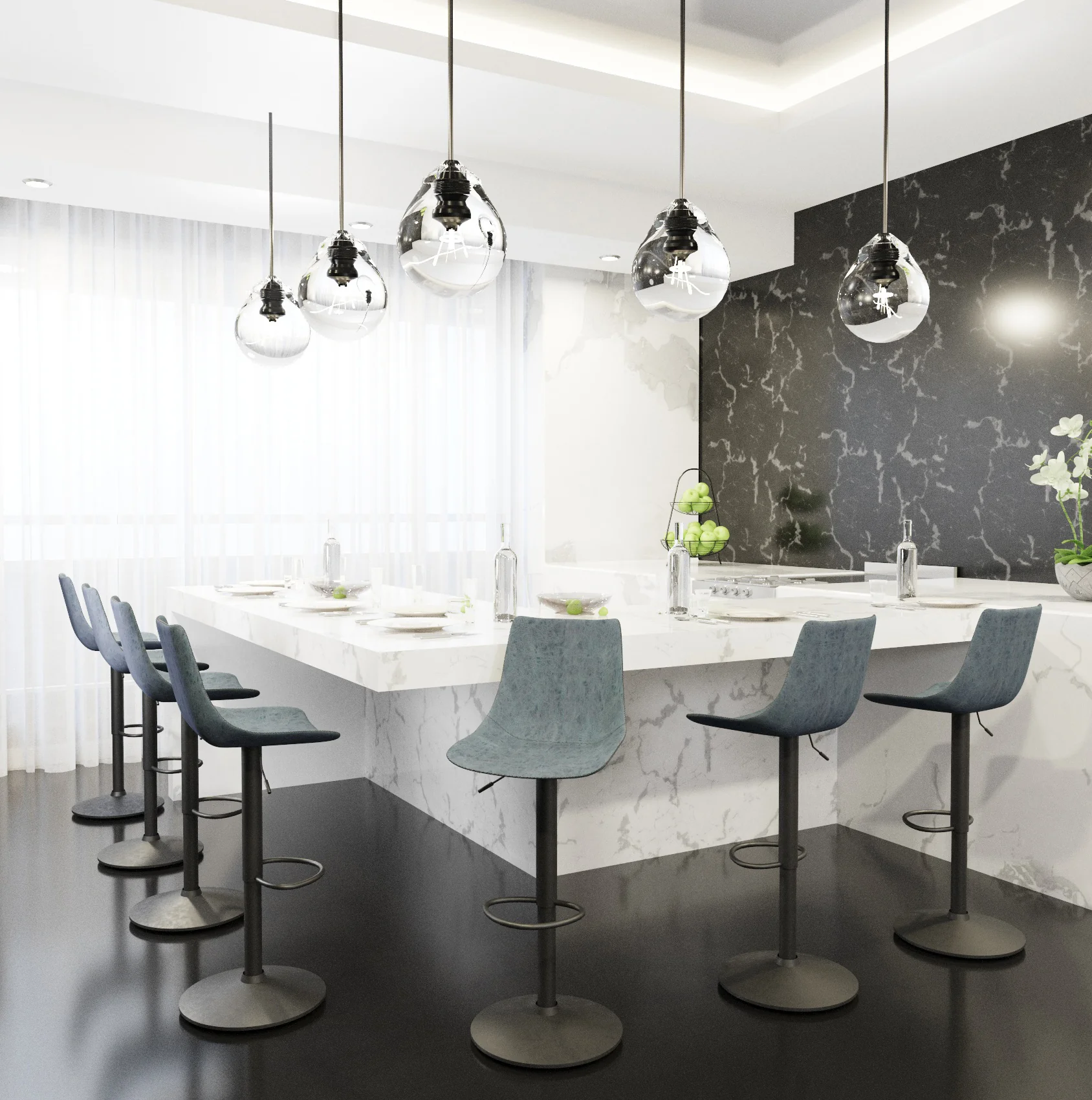 Tilbury Modern Adjustable Bar Stool With Footrest & 360-Degree Swivel in Peacock Blue