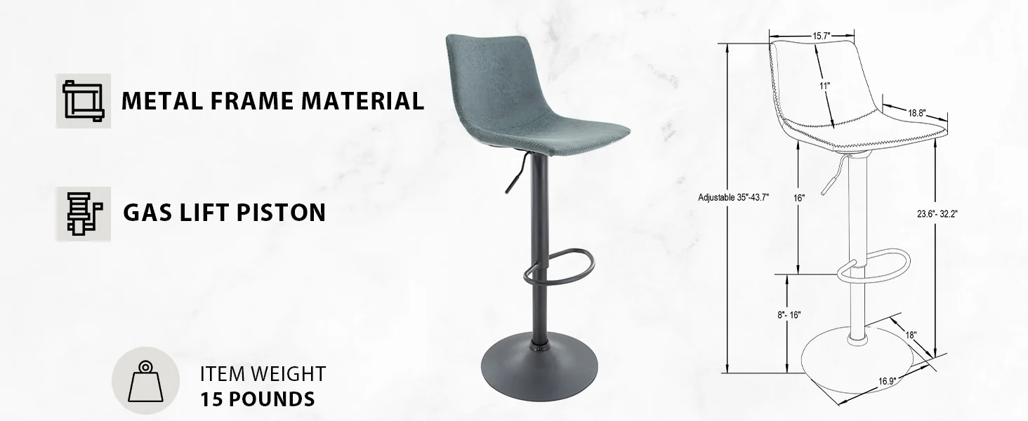 Tilbury Modern Adjustable Bar Stool With Footrest & 360-Degree Swivel in Peacock Blue