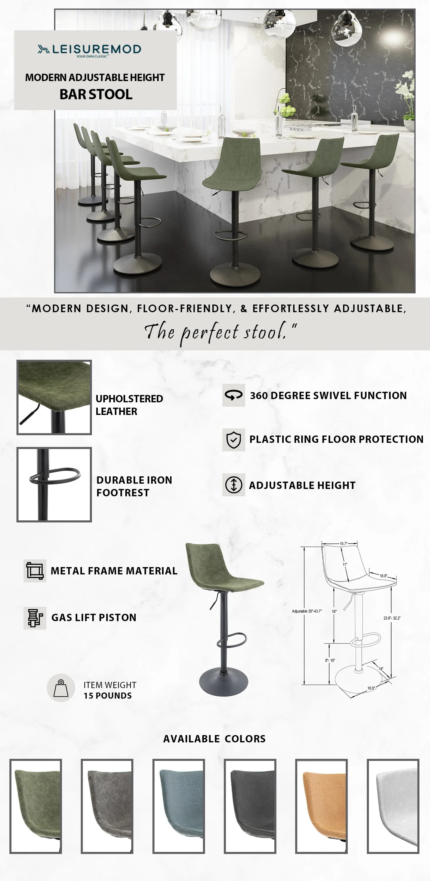 Tilbury Modern Adjustable Bar Stool With Footrest & 360-Degree Swivel in Olive Green