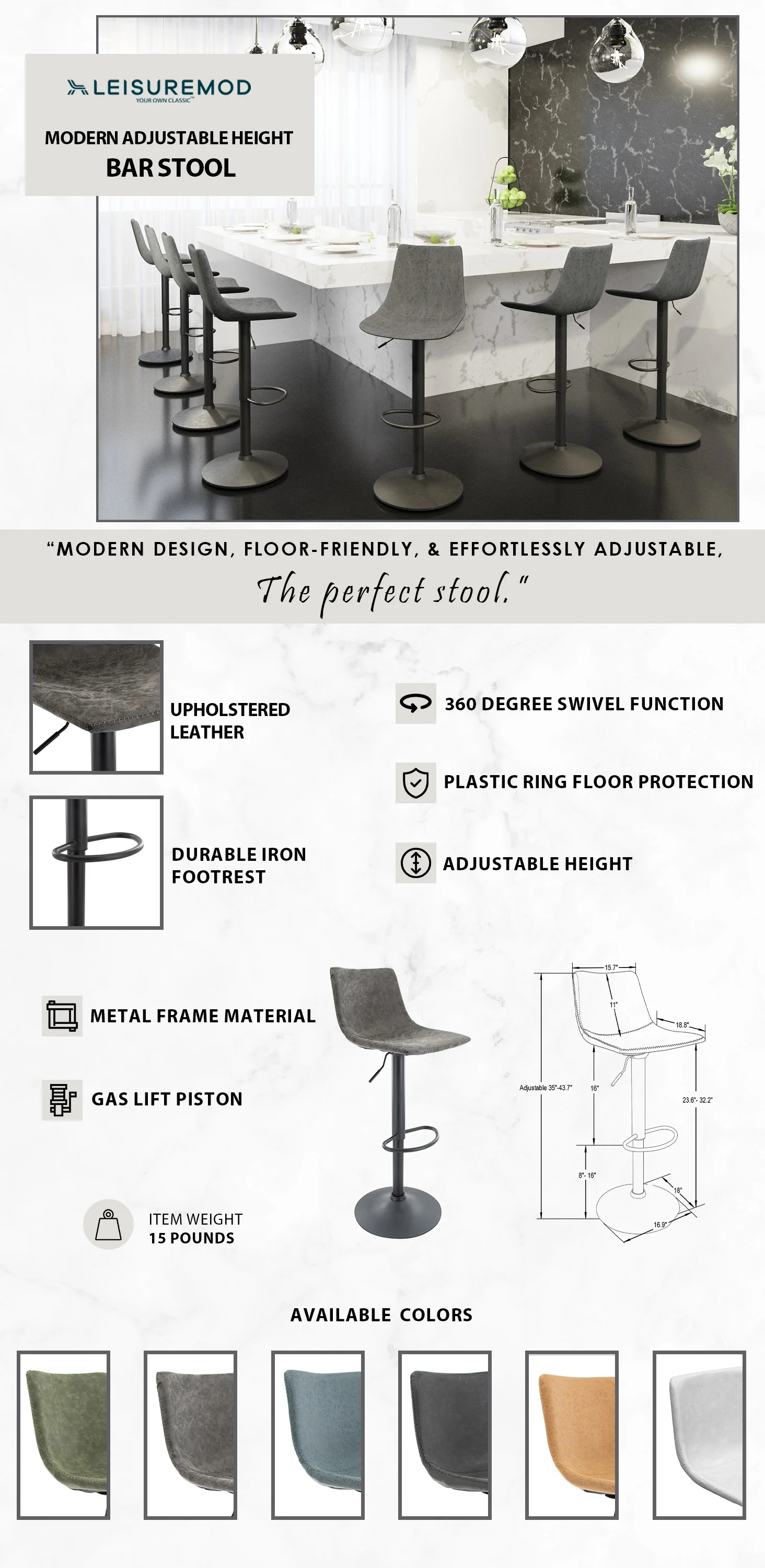 Tilbury Modern Adjustable Bar Stool With Footrest & 360-Degree Swivel in Grey