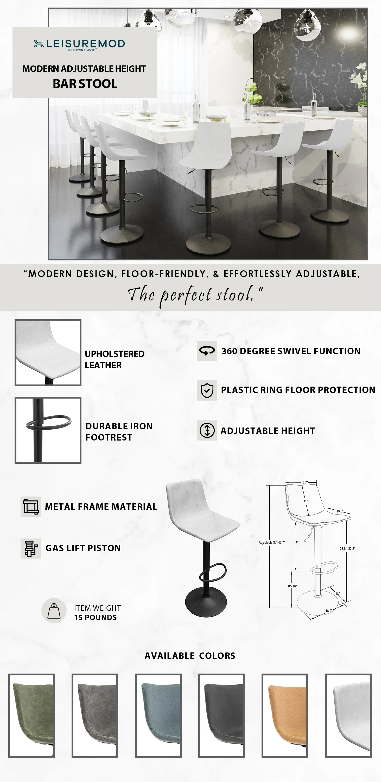 Tilbury Modern Adjustable Bar Stool With Footrest & 360-Degree Swivel in Light Grey