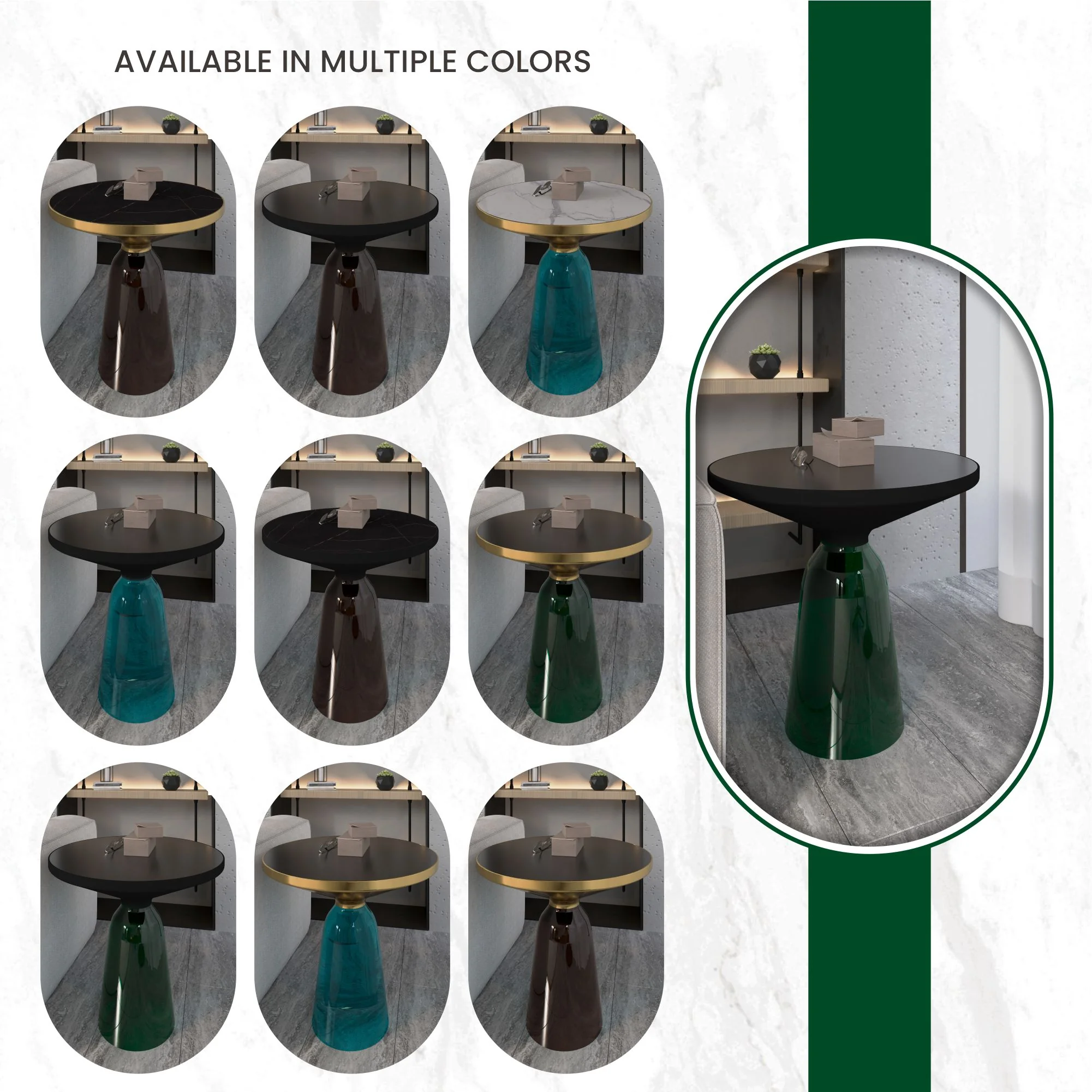 Tully Collection Glass side Table Green glass, Black Rim with Black Glass top