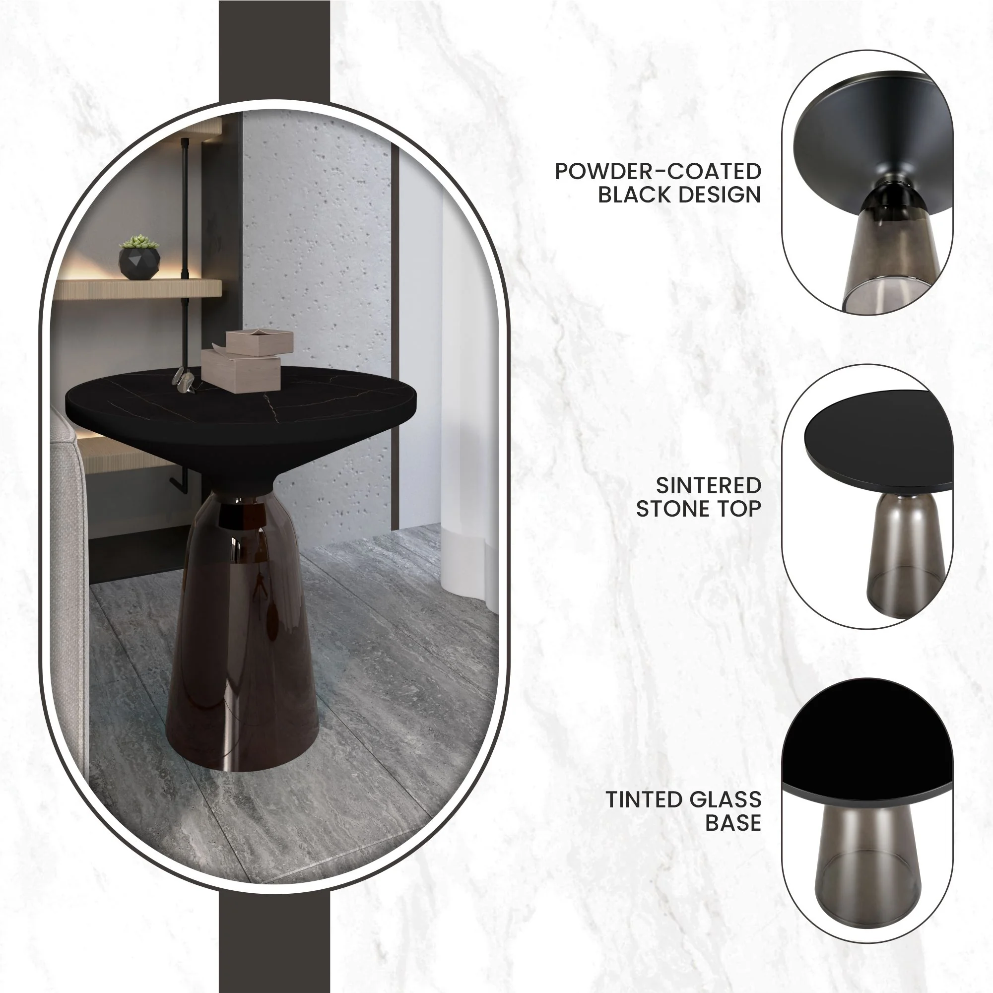 Tully Collection Glass side Table Grey glass, Black Rim with Black Sintered Stone Top