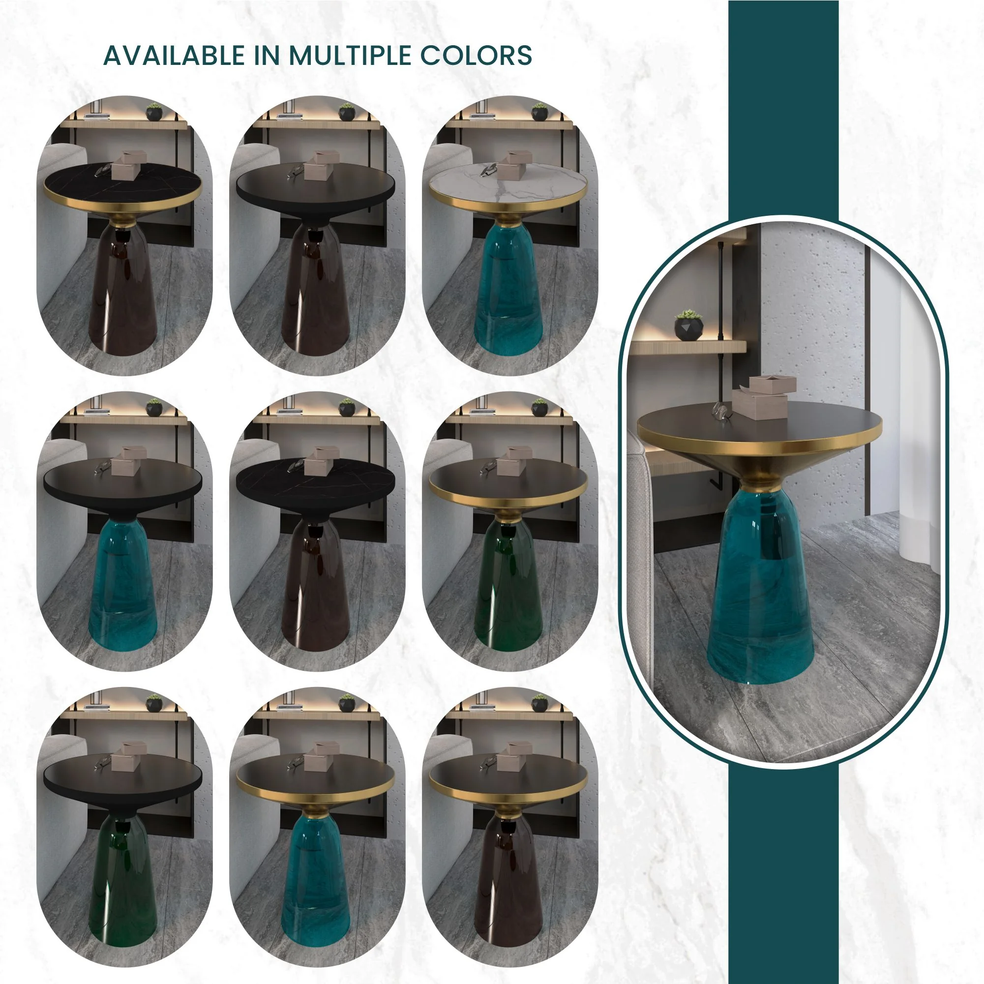 Tully Collection Glass side Table Blue glass, Gold Rim with Black Glass top