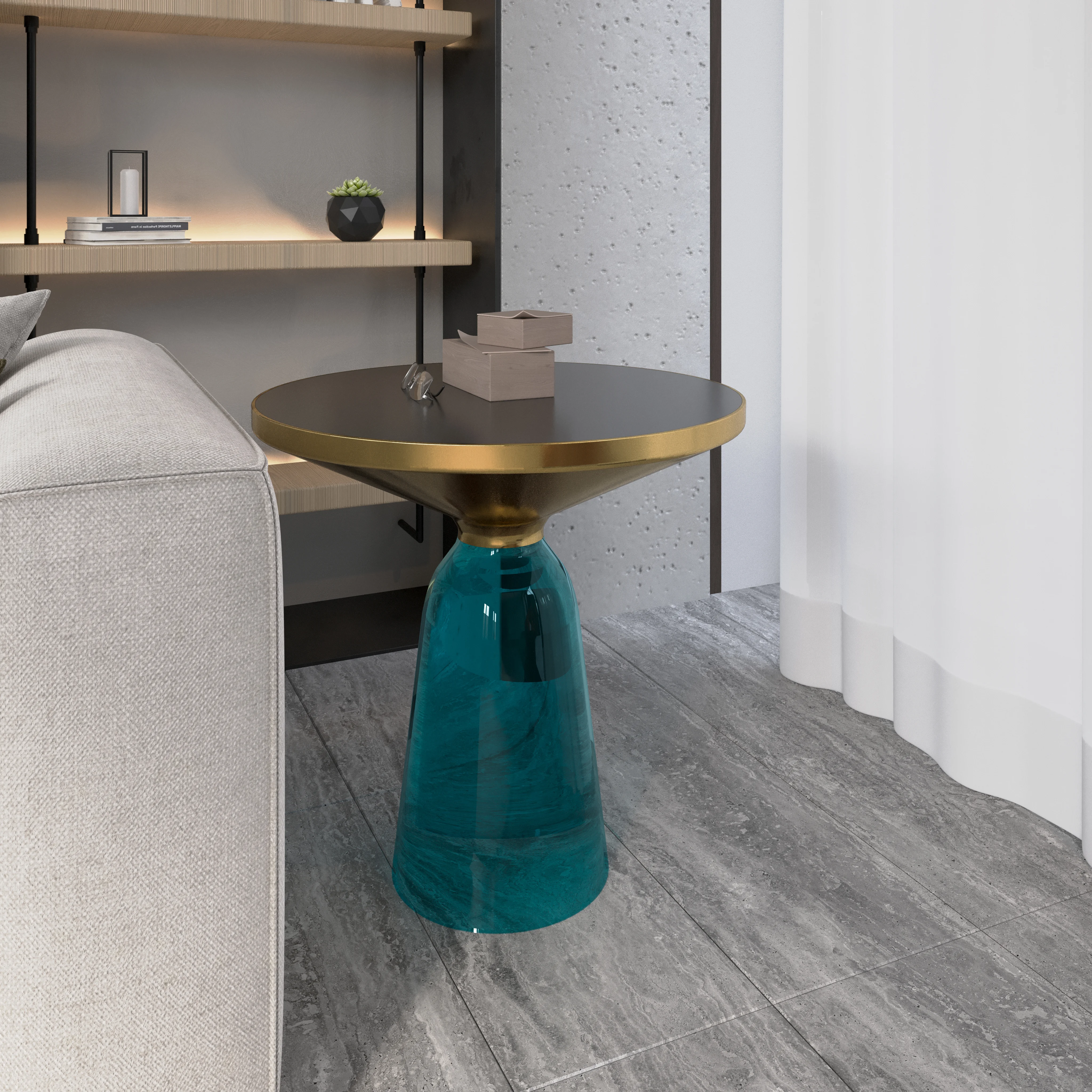 Tully Collection Glass side Table Blue glass, Gold Rim with Black Glass top