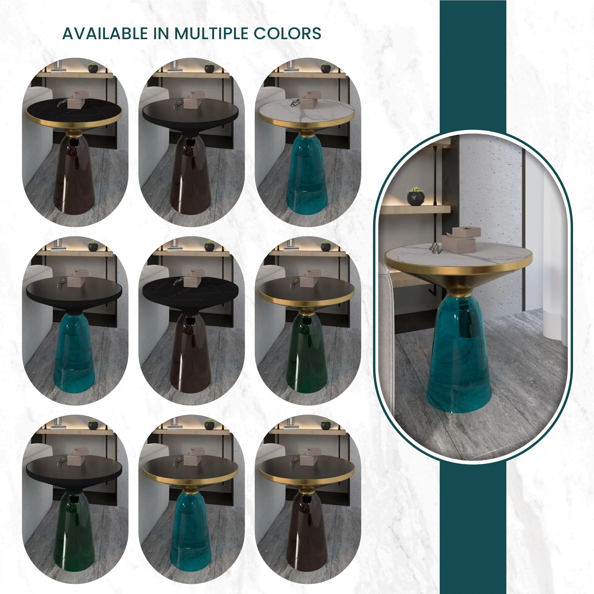 Tully Collection Glass side Table Blue glass, Gold Rim with white sintered stone top