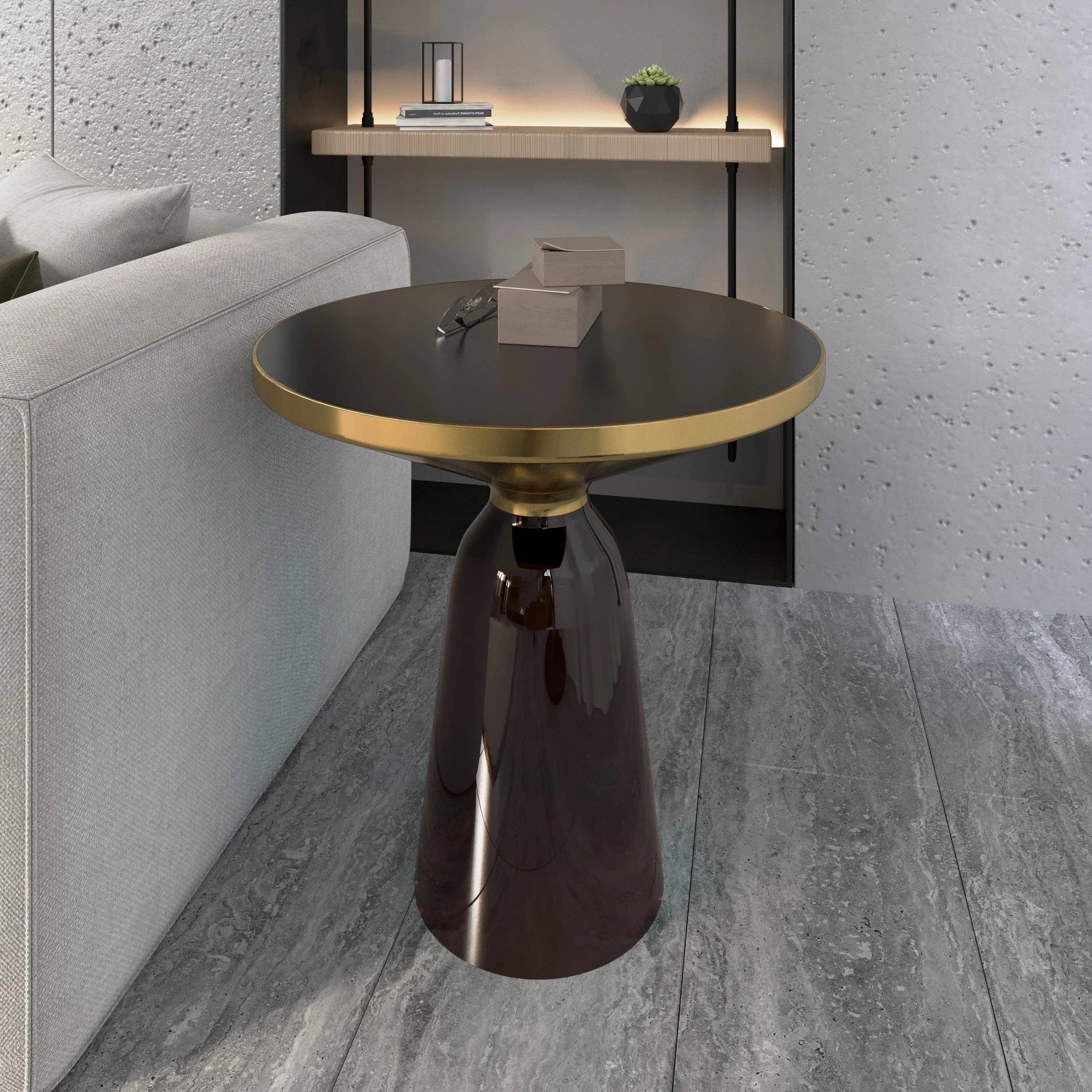 Tully Collection Glass side Table Grey glass, Gold Rim with Black Glass top