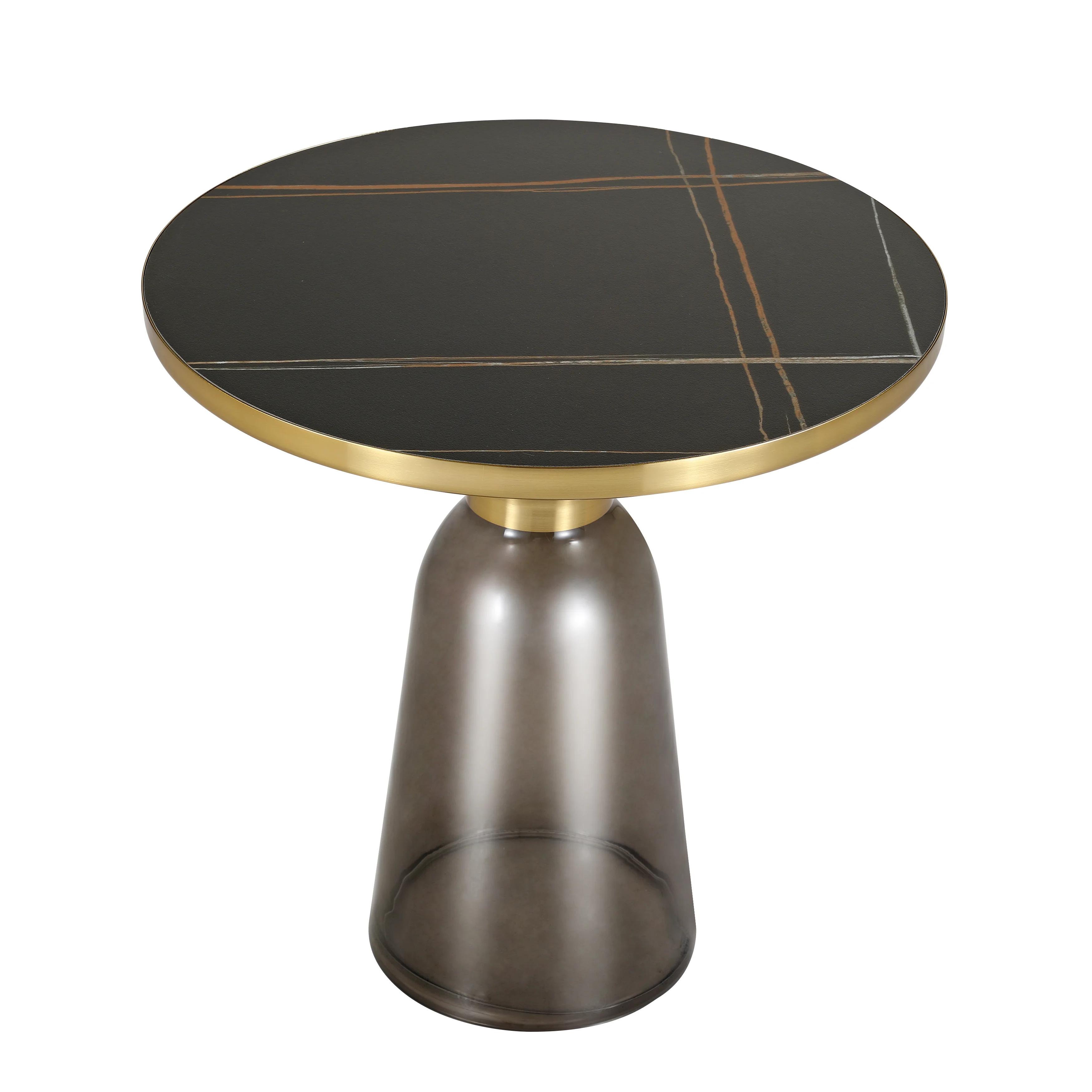 Tully Collection Glass side Table Grey glass, Gold Rim with Black Sintered Stone Top