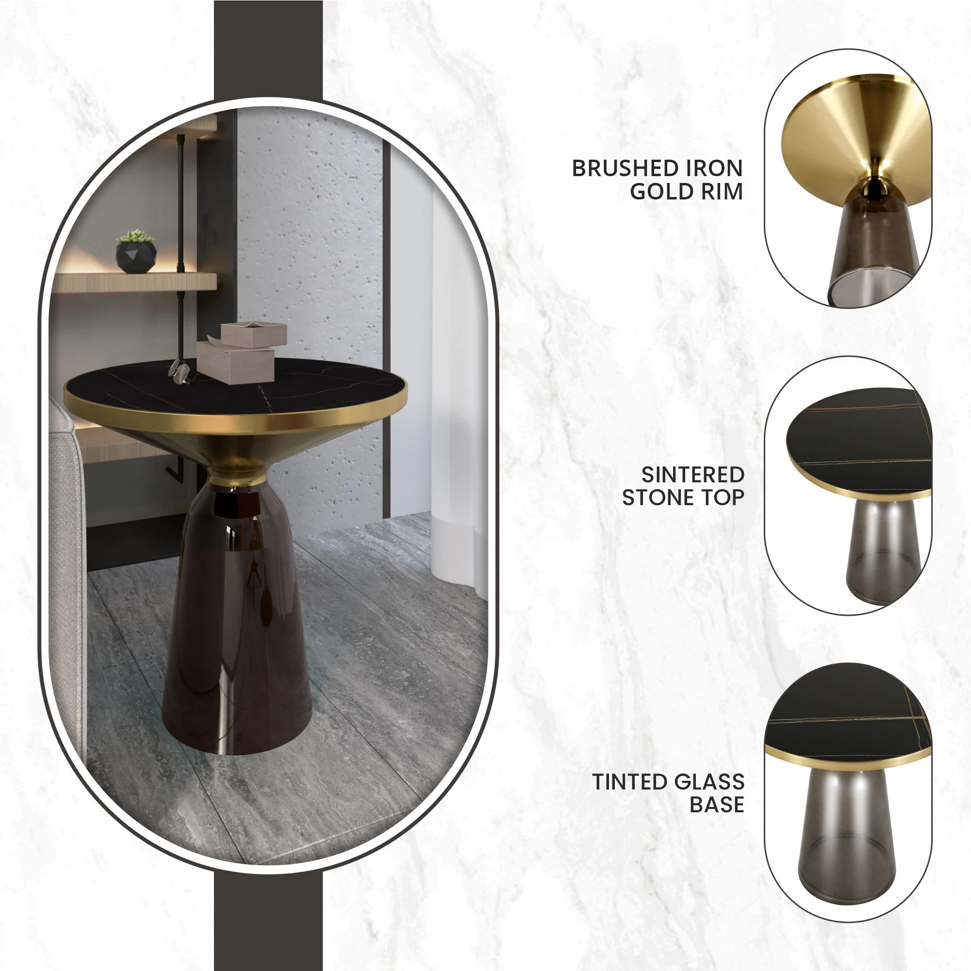 Tully Collection Glass side Table Grey glass, Gold Rim with Black Sintered Stone Top