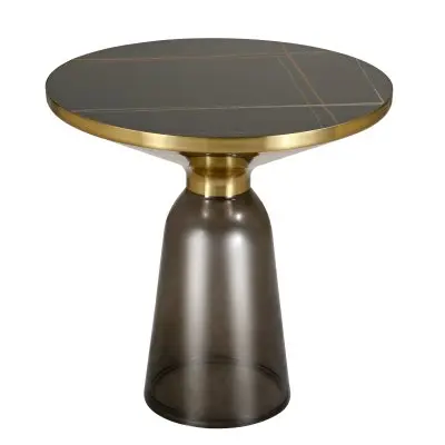 Tully Collection Glass side Table Grey glass, Gold Rim with Black Sintered Stone Top