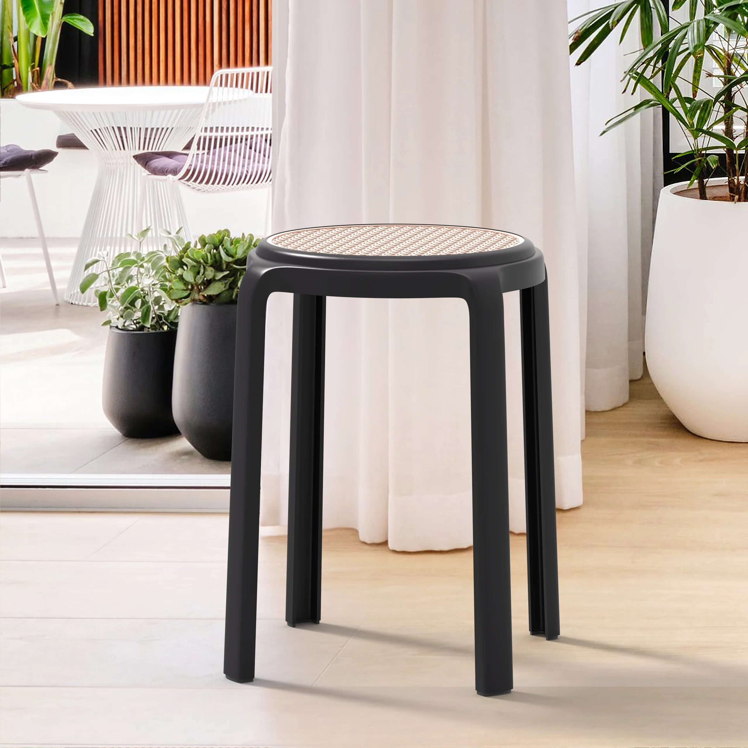 Tresse Series Stackable Round Poly Stool With Wicker Top 13 in Black