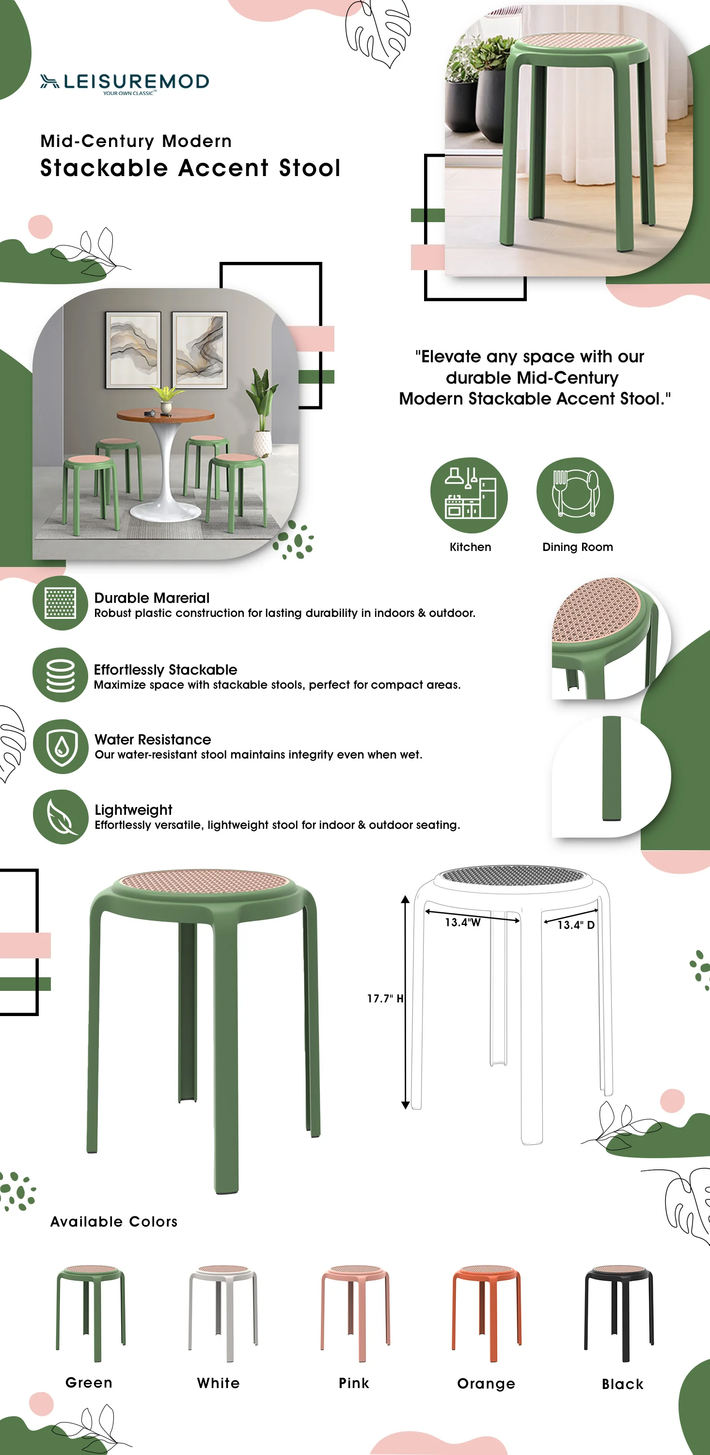 Tresse Series Stackable Round Poly Stool With Wicker Top 13 in Green